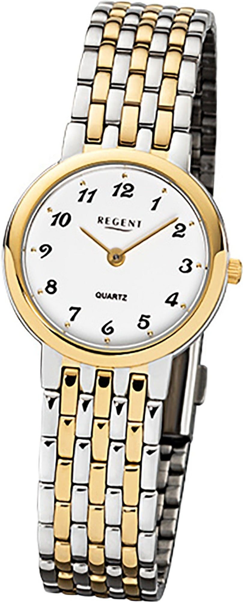 Quarzuhr gold, silber, F-1048 Edelstahlarmband (26mm) Damenuhr Damen Uhr Quarz, klein rundes Gehäuse, Regent Edelstahl Regent
