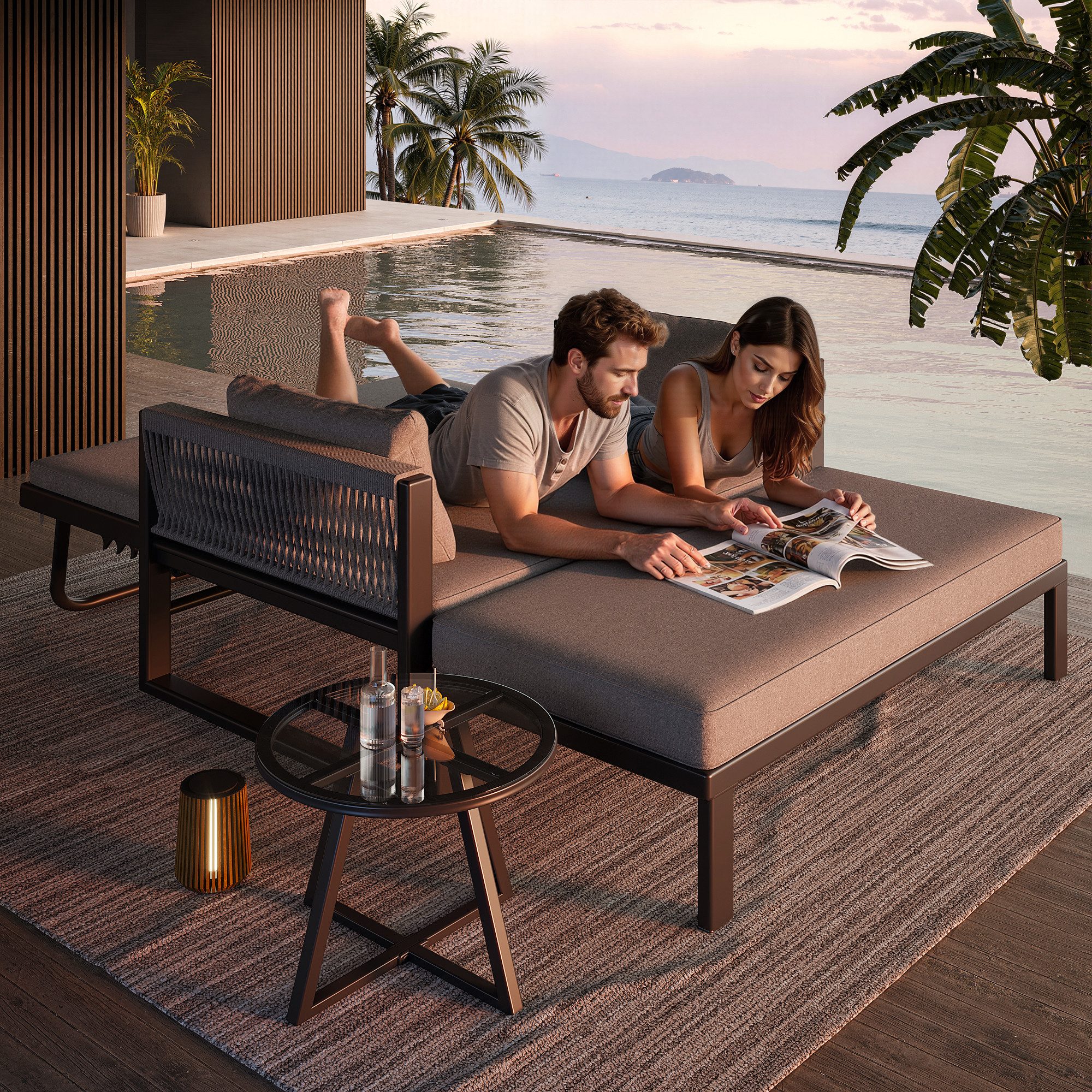 i@home Gartenlounge-Set 2-in-1 Sofa-Bett mit verstellbarer Rückenlehne & Fußhocker, Grau, (Modernes Outdoor-Sofa mit Glastisch, 3-tlg), für Garten, Terrasse & Pool