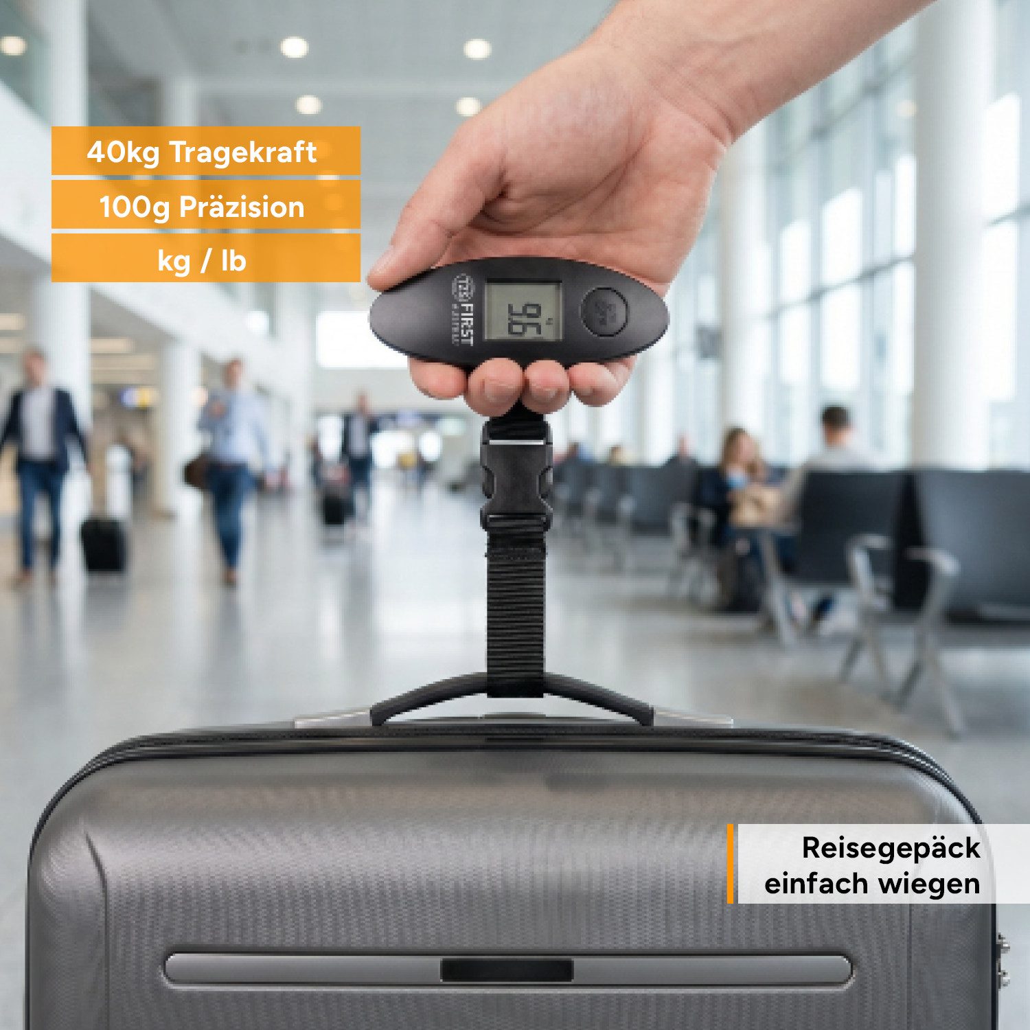 TZS FIRST AUSTRIA Kofferwaage Tragbar bis 40 kg, Einheiten kg/lb, Überlastungsanzeige, Auto-Off, Tragkraft 40 kg, (1-tlg), Gepäckwaage mit Tara-Funktion, LCD-Di – Bild 4 von 5