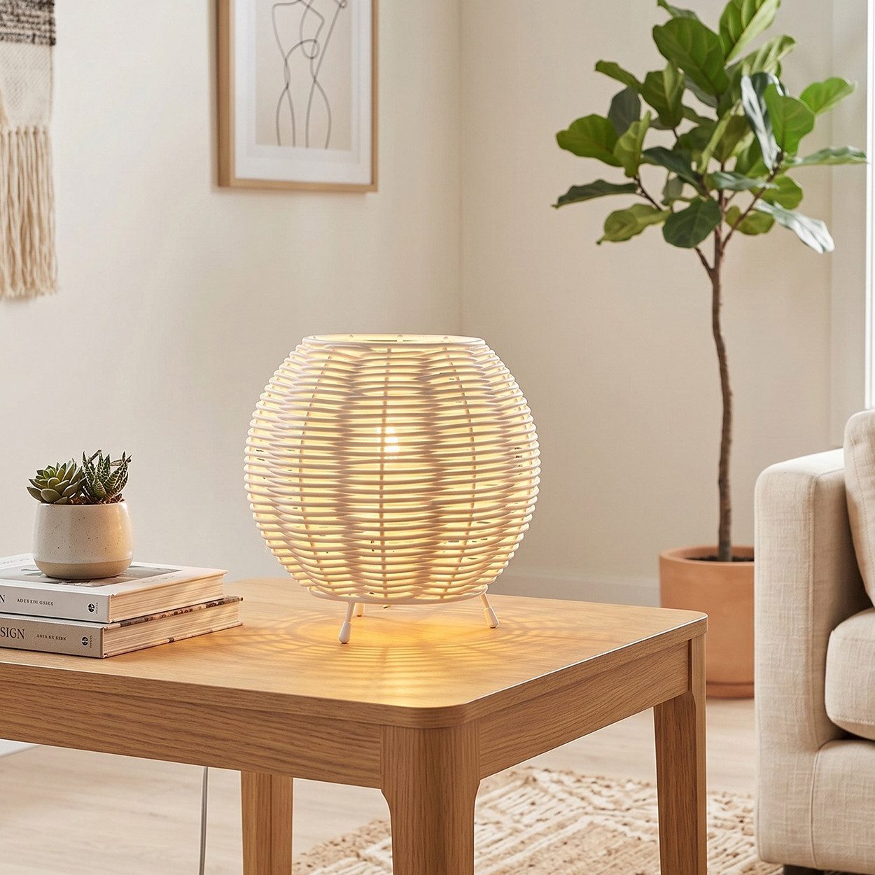 hofstein Tischleuchte Tischlampe aus Metall/Rattan in Beige/Weiß, ohne Leuchtmittel, Schirm aus Rattan (16 cm), An/-Auschalter, 1x E14, ohne Leuchtmittel