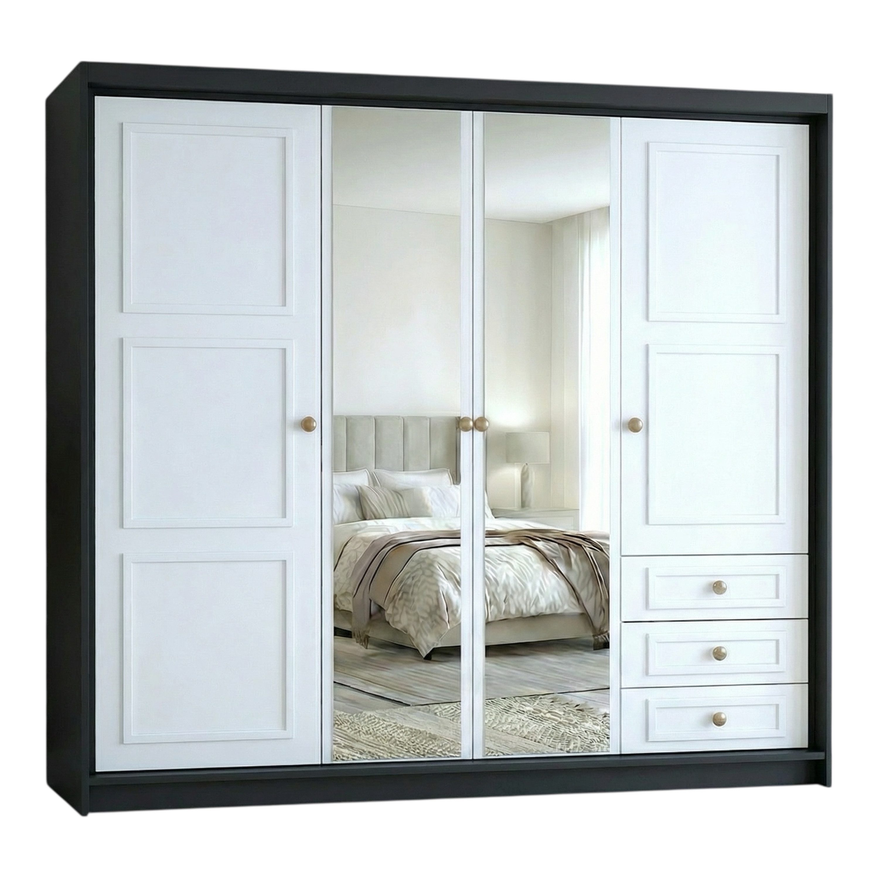 A&J MöbelLand GmbH Drehtürenschrank OSLO viertüriger Kleiderschrank mit Schubladen und Metallgriffen (Geräumiger viertüriger Kleiderschrank mit Schubladen und Metallgriffen. Geräumiger Schrank mit einer Breite von 200 cm und Schubladen, ideal zur Aufbewahrung von Kleidung und Accessoires. Viel Stauraum. TOP PRODUKT! Wählen Sie das ideale Modell für Ihr Schlafzimmer!, TOP ANGEBOT) Breite: 200 cm, Höhe: 215 cm, Tiefe: 59,5 cm