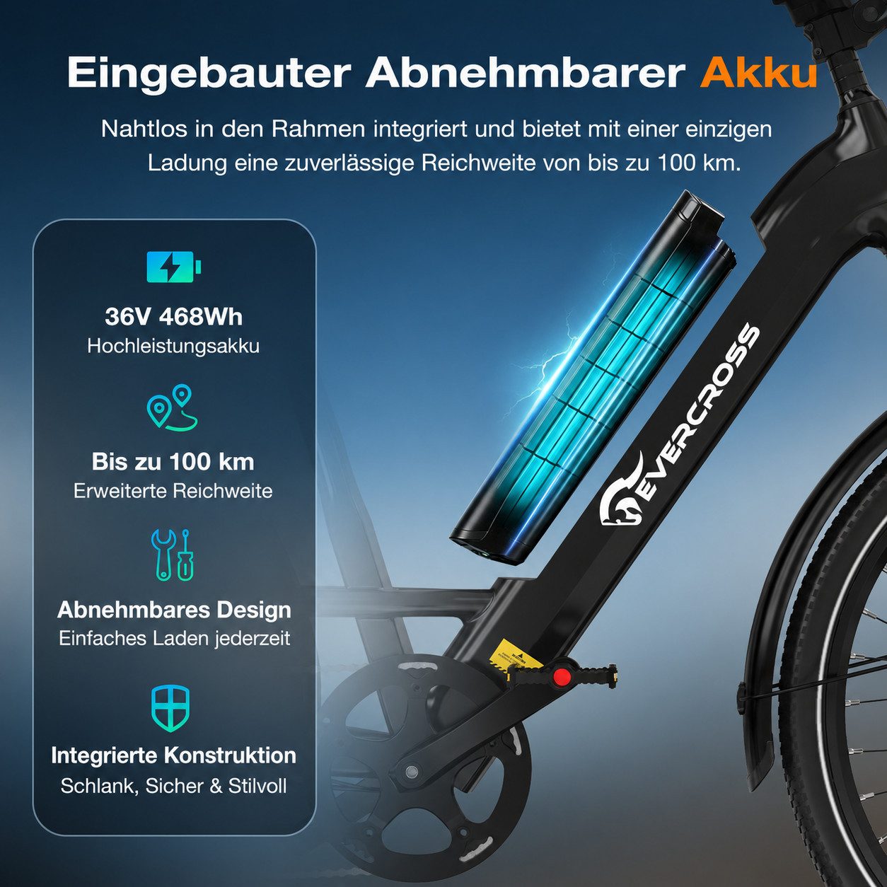 EVERCROSS TECH E-Bike EK25 für Erwachsene, Drehmomentsensor, 36V 468Wh, 60-100km Reichweite, 7 Gang Shimano, Heckmotor, 468 Wh, 27,5 Zoll, 7-Gang Shimano, App Bluetooth Steuerung, mit Gepäckträger