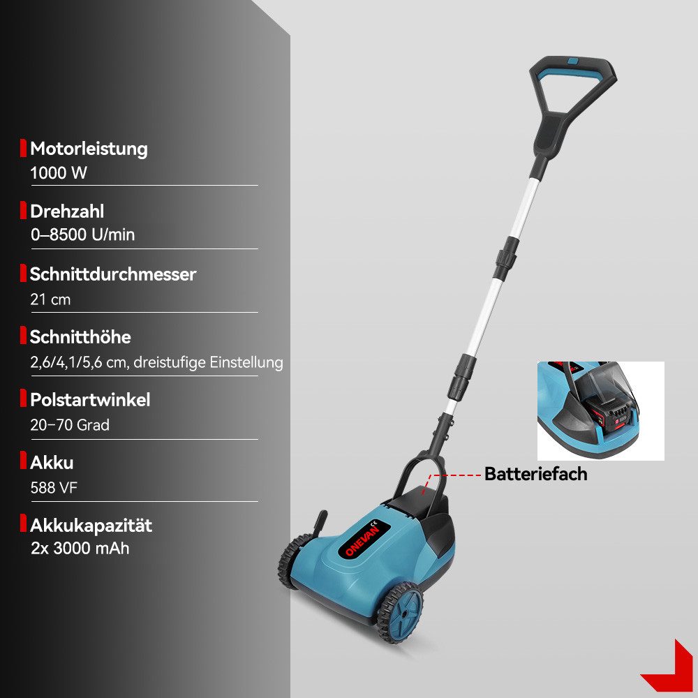 ONEVAN Cordless Lawn Mower 21cm Brushless Hand Lawn Mower with 2 Batteries, 3 Cutting Heights Safe Tilt 20°-70° for Yards