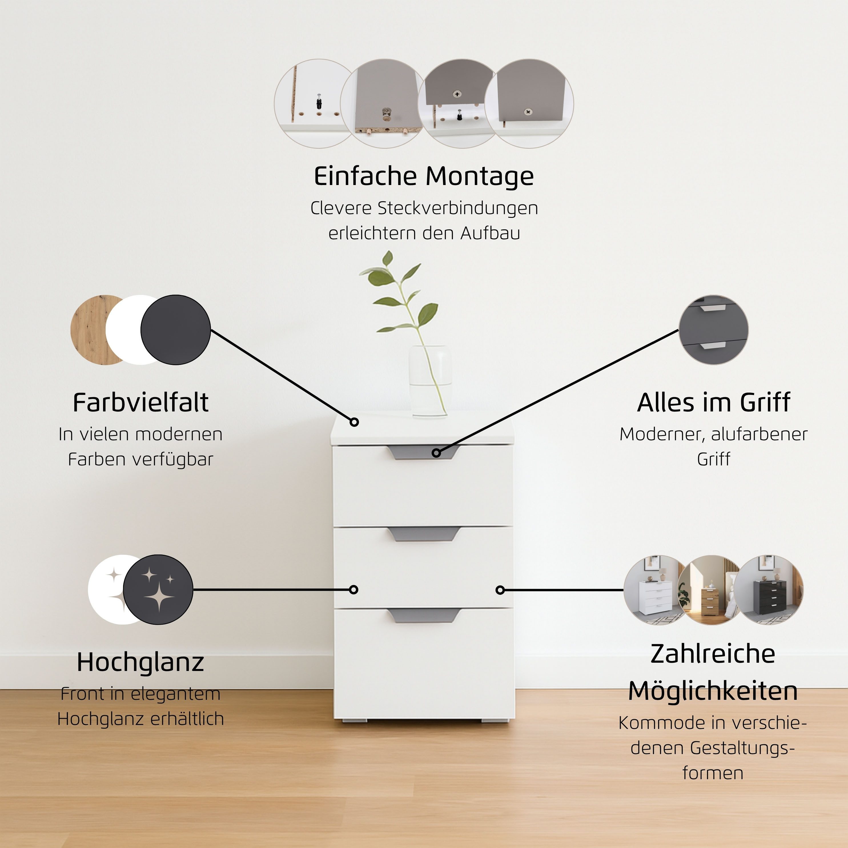OTTO home Nachtkommode Nachttisch Nachtschrank Schubladen Sideboard Schubladenkommode ORIAS (Breite 40 cm, mit eleganter Dekor- oder Hochglanzfront), mit 3 geräumigen Schubladen für viel Stauraum MADE IN GERMANY