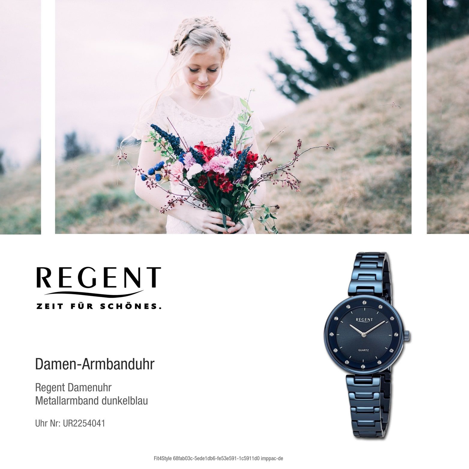 dunkelblau, Armbanduhr Quarzuhr rundes groß 34mm) Damen Metallarmband Regent Gehäuse, (ca. Regent Analog, Damenuhr