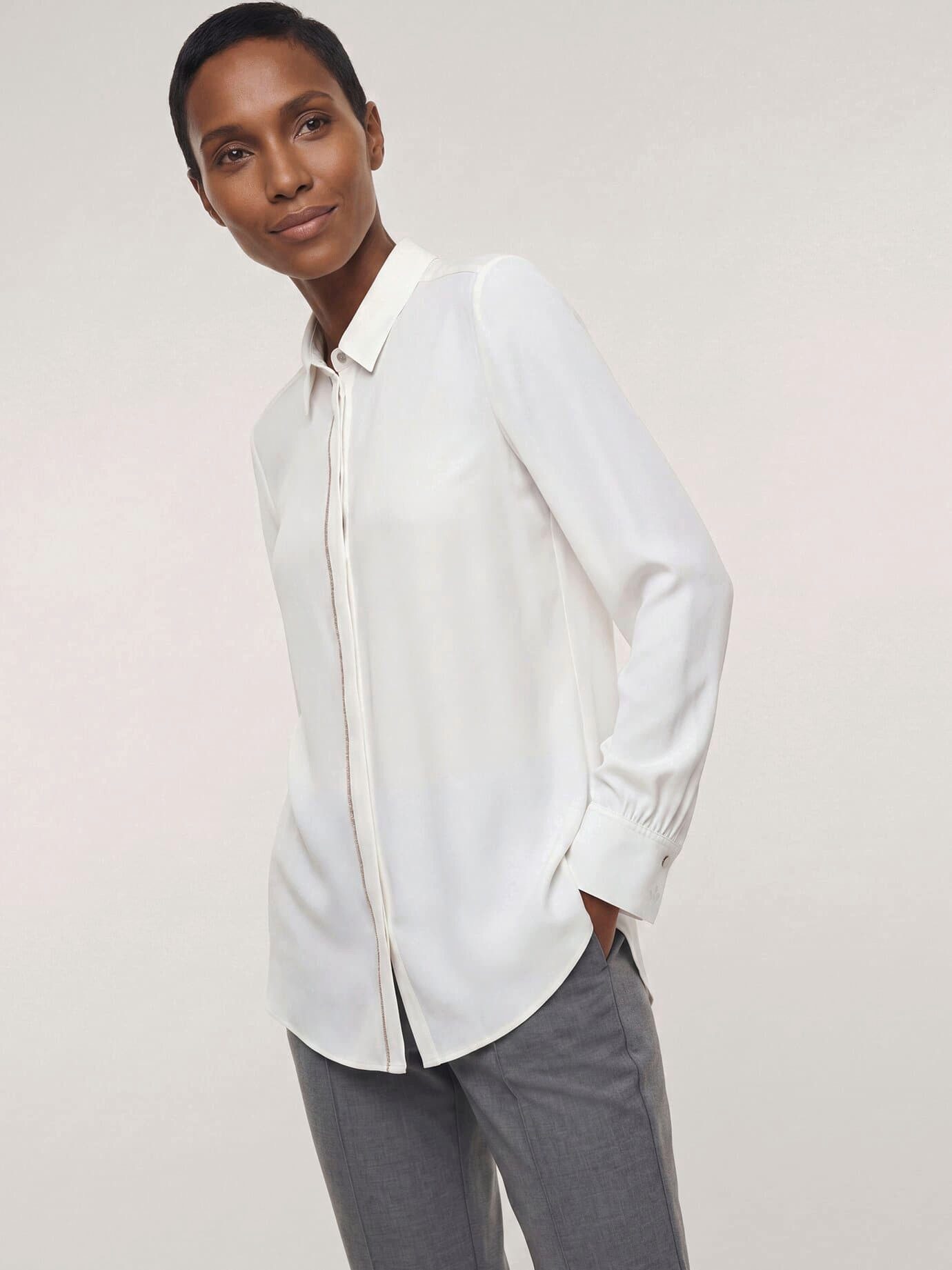 Walbusch Langarmbluse Damen Bluse mit Glitzerkante Blusenkragen Langarm, modern, knitterarm, atmungsaktiv