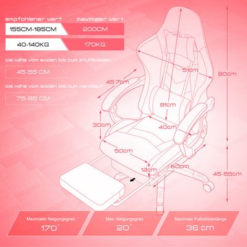 Dowinx Gaming-Stuhl Ergonomisches Design mit Lendenwirbelstütze und Fußstütze, Computer Bürostuhl Rückenlehne verstellbar Drehstuhl, Rosa