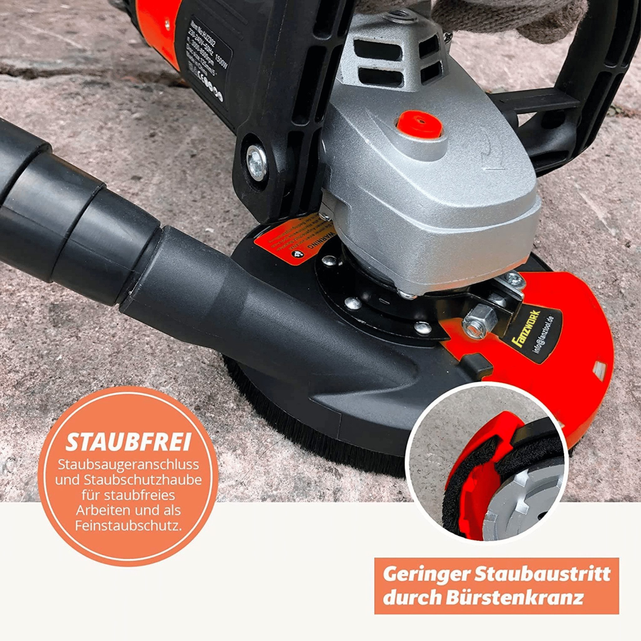 Fanzwork Winkelschleifer 1500W Betonschleifer mit 125mm Diamanttopf PROFI & Absaughaube, Ideal für Beton, Estrich und Fliesenkleber Schleifen – Bild 4 von 5