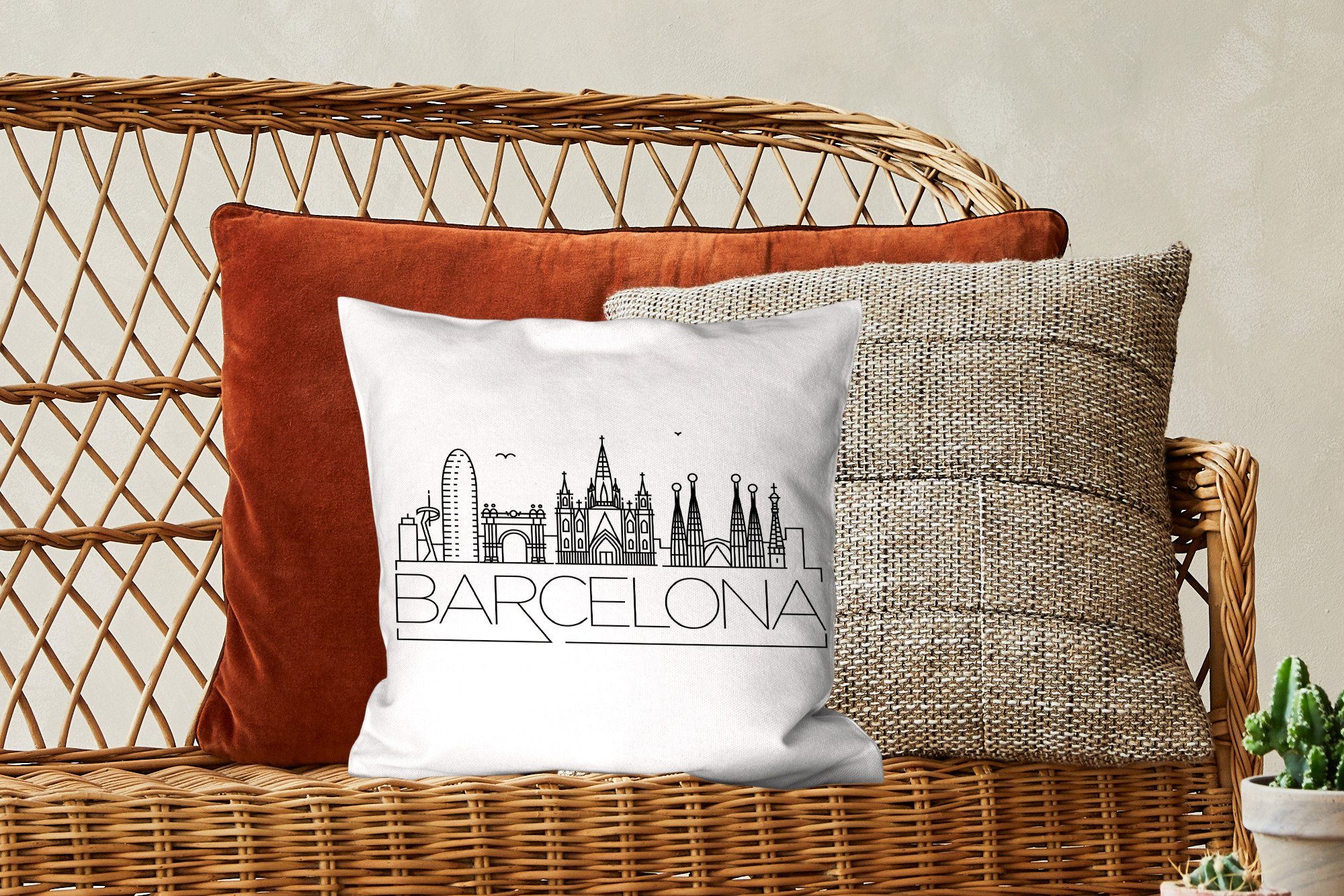 MuchoWow Dekokissen Skyline für mit Sofakissen "Barcelona" Füllung Wohzimmer, weiß, Schlafzimmer, Zierkissen Deko