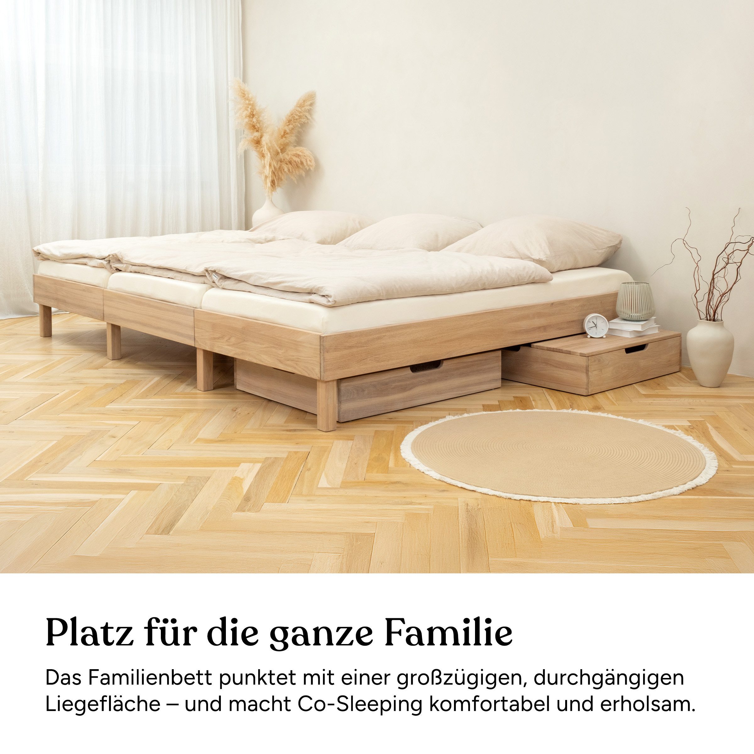 Ehrenkind Holzbett Plano, Modulares Familienbett, FSC® Zertifiziert (Familienbett, 270x200 cm, Massiv-Eiche geölt, modular erweiterbar mit Zubehör und weiteren Plano Betten), 2‑in‑1 Höhe (Bodenbett oder Standard)
