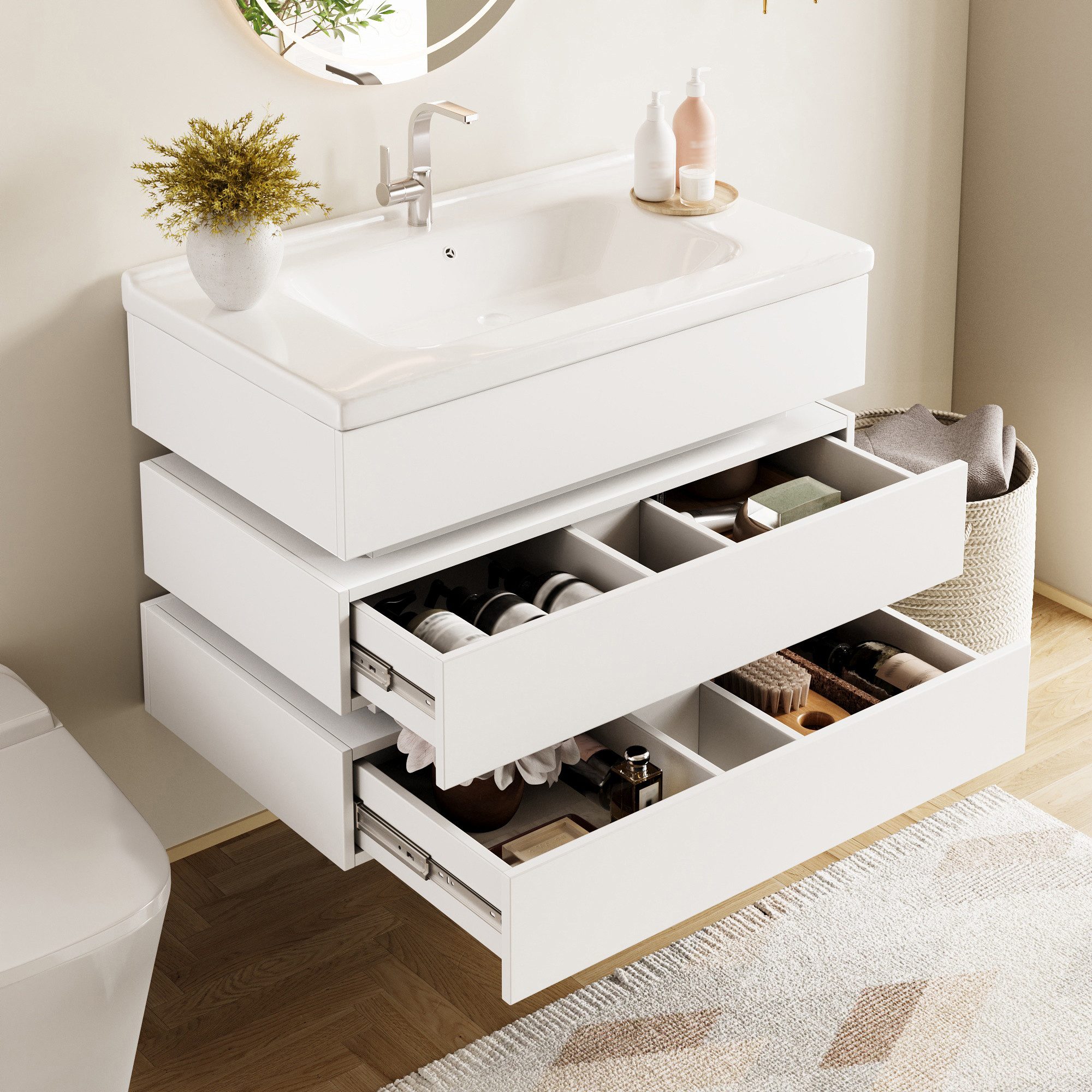 STILVORA Waschbeckenunterschrank mit LED Beleuchtung Wandmontierter Badschrank mit Keramikbecken Weiß (Badezimmer Möbel mit Soft-Close Schubladen, LED mit vielfältigen Modi, 81*47.5*57cm(L x B x H), Geräumiger Stauraum) mit vorgebohrtem Loch für den Wasserhahn