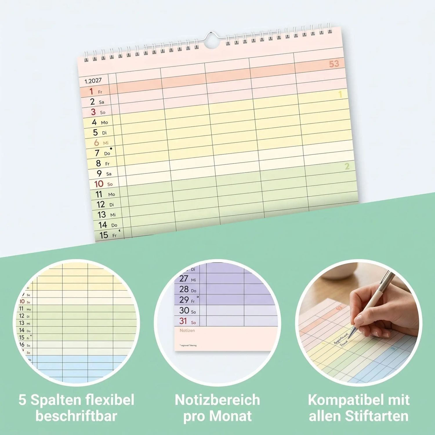Wandkalender Superplaner Farbenfroh - 5 Spalten 2027