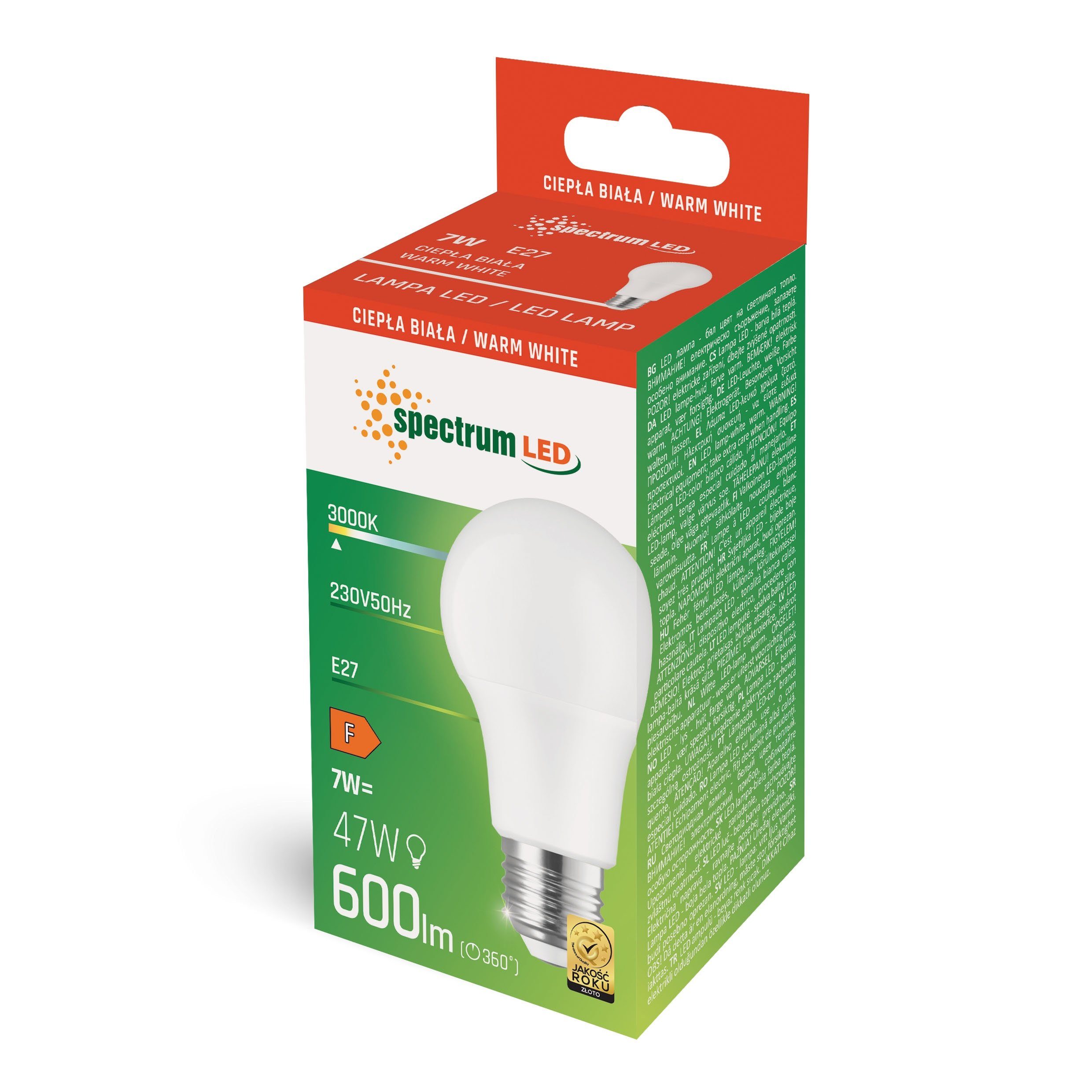 spectrum LED LED-Leuchtmittel Spectrum LED 600lm 3000K, = E27, 7W Birne Warmweiß 270° 47W E27 A60 230V Warmweiß