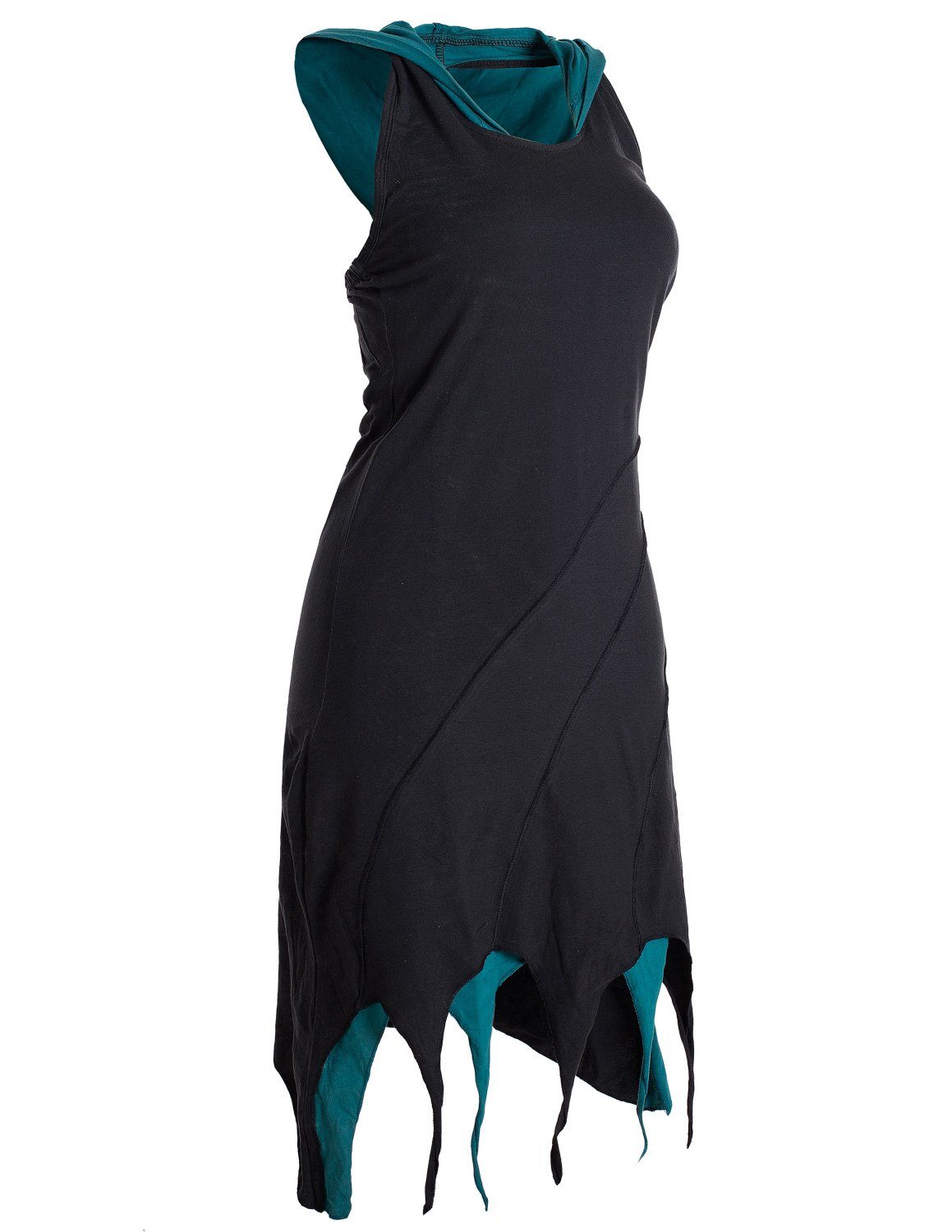 Vishes Neckholderkleid Kapuzen Lagenlook Baumwolle schwarz Hippie, Zipfel-Neckholder aus Elfen Kleid Goa