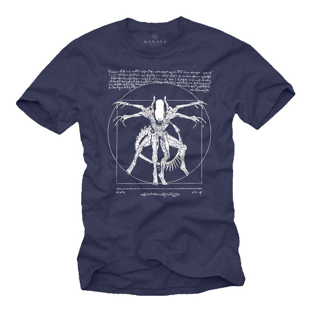 Print-Shirt Herren Vintage Alien Motiv Da Vinci Aufdruck Geek Gamer Geschenke
