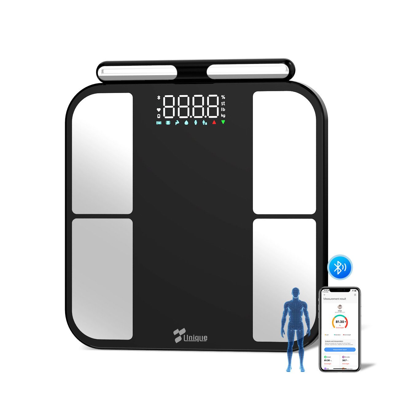 Fyrove Körper-Analyse-Waage Körperanalysewaage mit App & Bluetooth – 8 Elektroden, mit App zur Übertragung und Tracking der Messwerte, präzise Messung von Körperfett, Muskelmasse & BMI, bis zu 180 kg