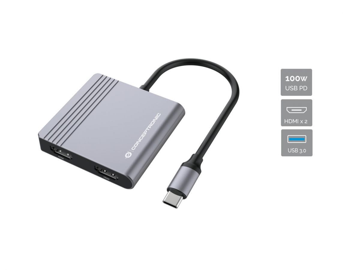 Laptop-Dockingstation Conceptronic DONN13G 4-in-1 USB Typ-C zu 2x Display Adapter