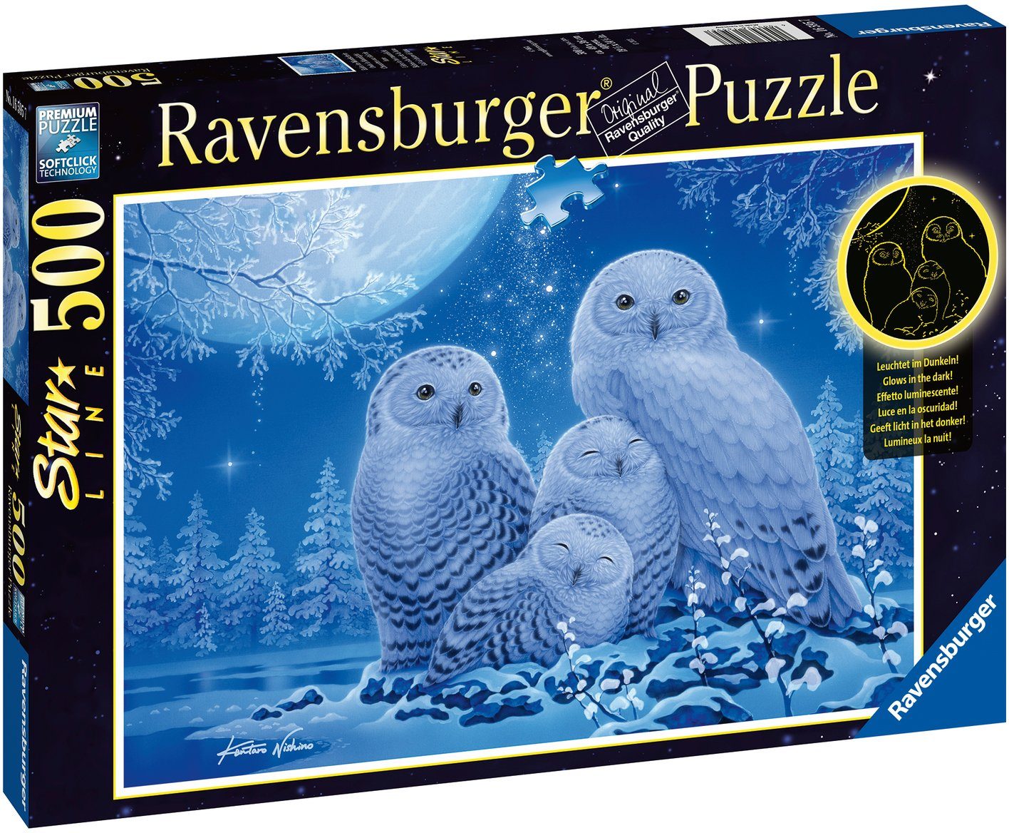 Eulen im Mondschein, 500 weltweit Puzzle Made leuchtet - FSC® Line - Wald Ravensburger in Star Puzzleteile, - Germany, schützt Dunkeln; im