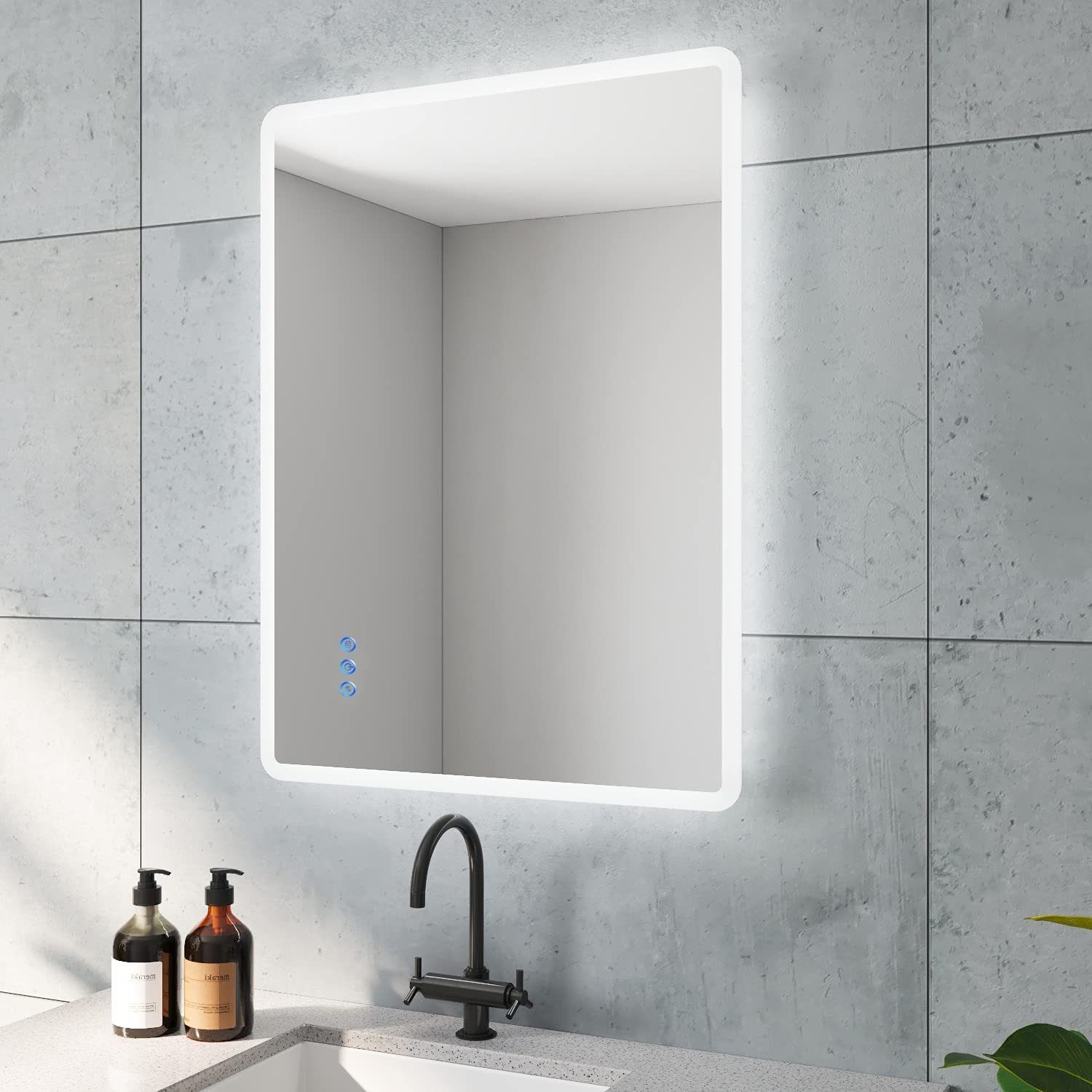 AQUABATOS Badspiegel Bad Spiegel mit LED Beleuchtung Badezimmerspiegel Lichtspiegel, 80x60 cm 3 Lichtfarben Touch Sensor Spiegelheizung Speicher Dimmbar