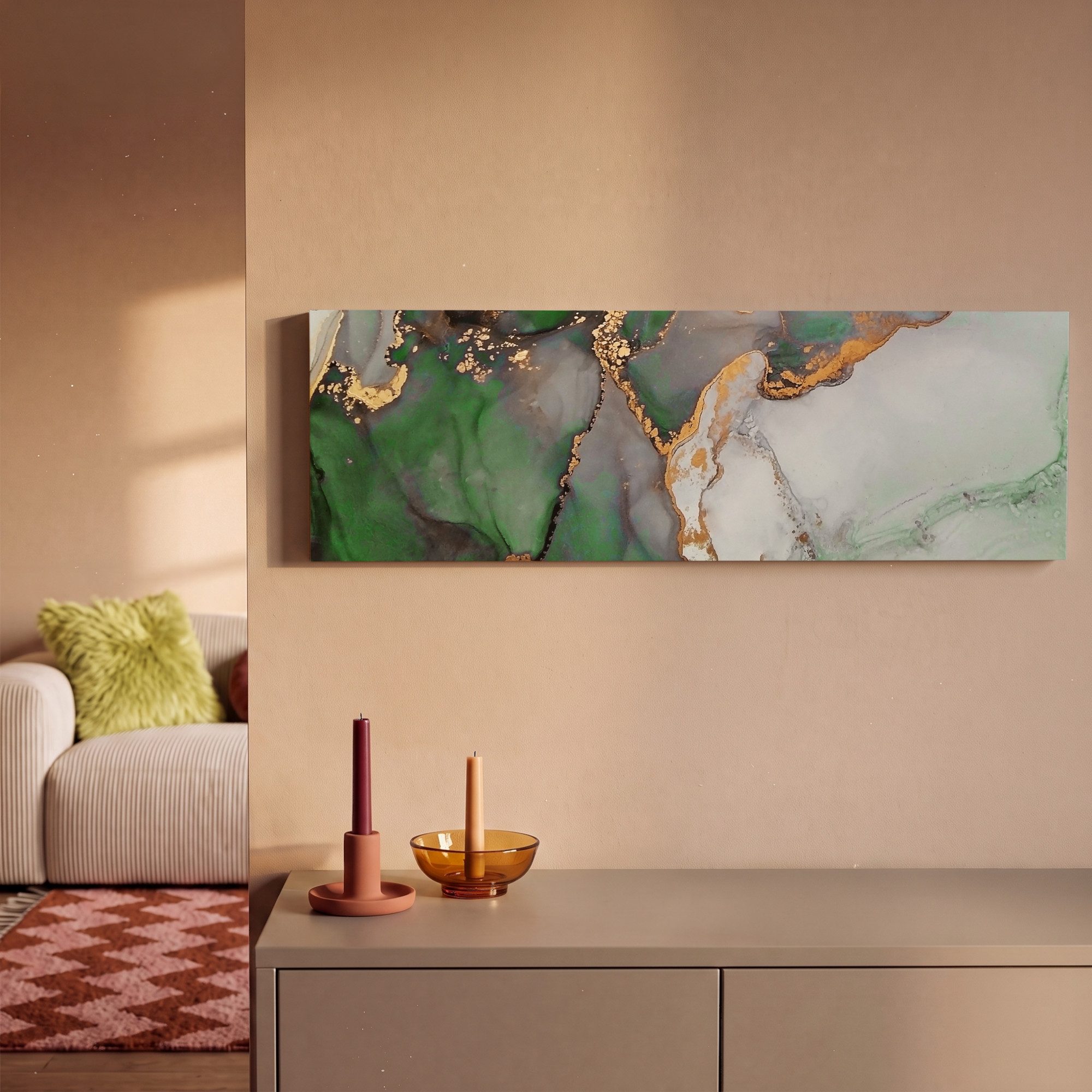 OneMillionCanvasses® Leinwandbild Panorama Marmor - Gold - Grün - Luxus, Fotodruck (1 St), Wandbild, Deko Schlafzimmer Wohnzimmer Flur 60x20 cm – Bild 2 von 5