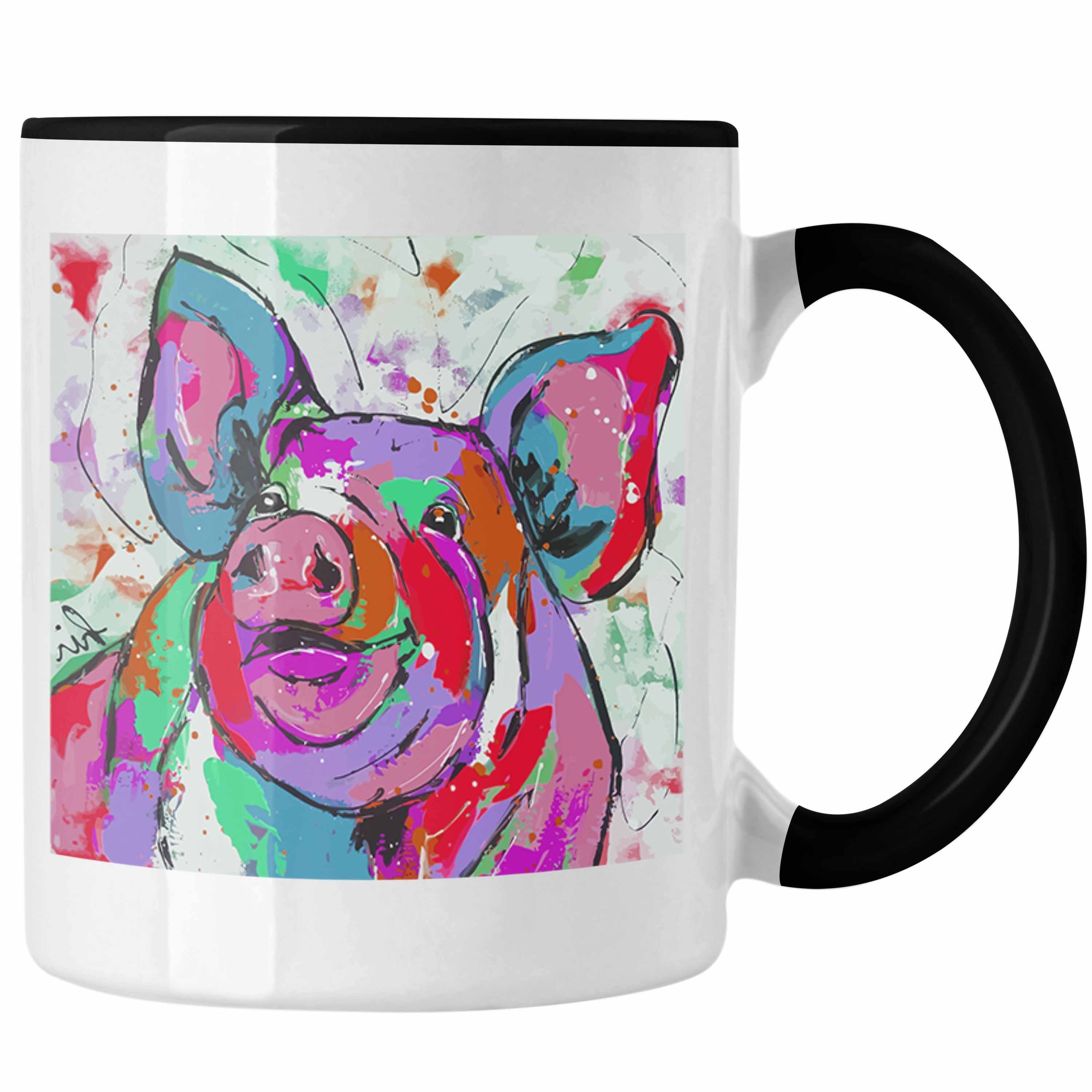 Trendation Tasse Trendation - Schwein Tasse Geschenk Bauern Schweine Polygon Grafik Lustig Ferkel Schwarz | Teetassen