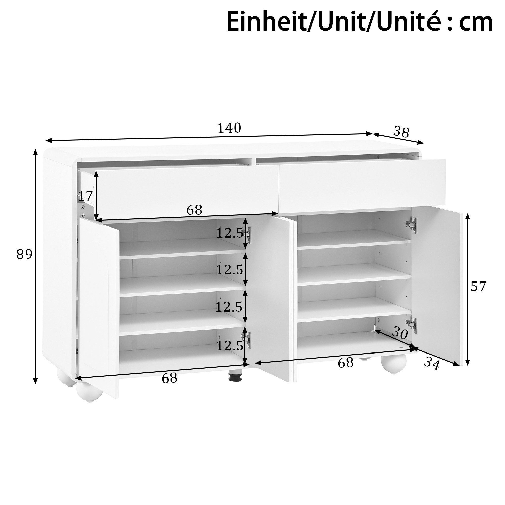 REDOM Sideboard Praktischer Stauraumschrank (Packung, 1 St., Weiß, PB+MDF, Metallfüße), 140x89x38cm, 2 Schubladen + 4 Türen