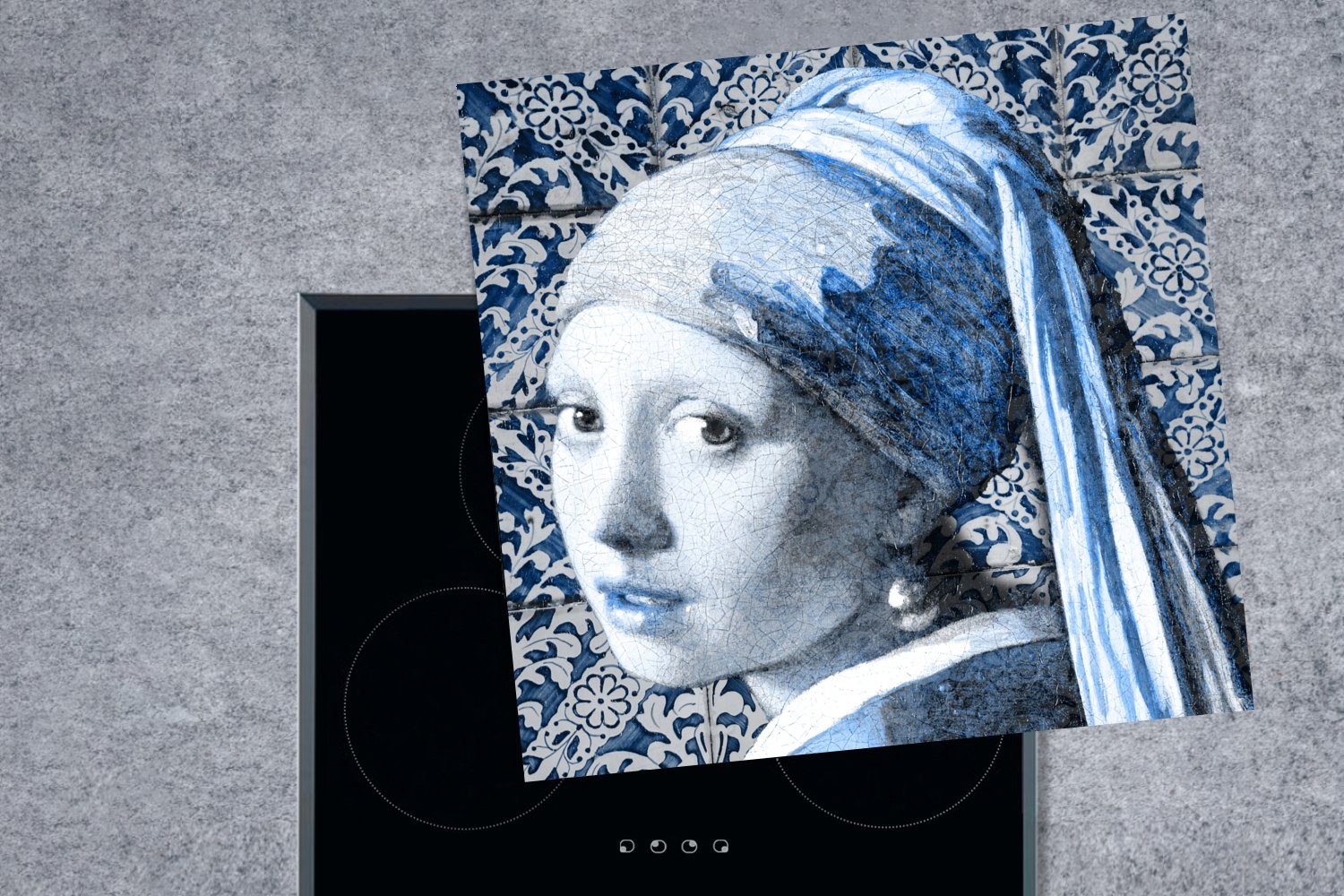 Johannes Vinyl, (1 - MuchoWow - Delfter küche 78x78 mit cm, Perlenohrring Herdblende-/Abdeckplatte Vermeer Ceranfeldabdeckung, für Blau, Arbeitsplatte tlg), Mädchen