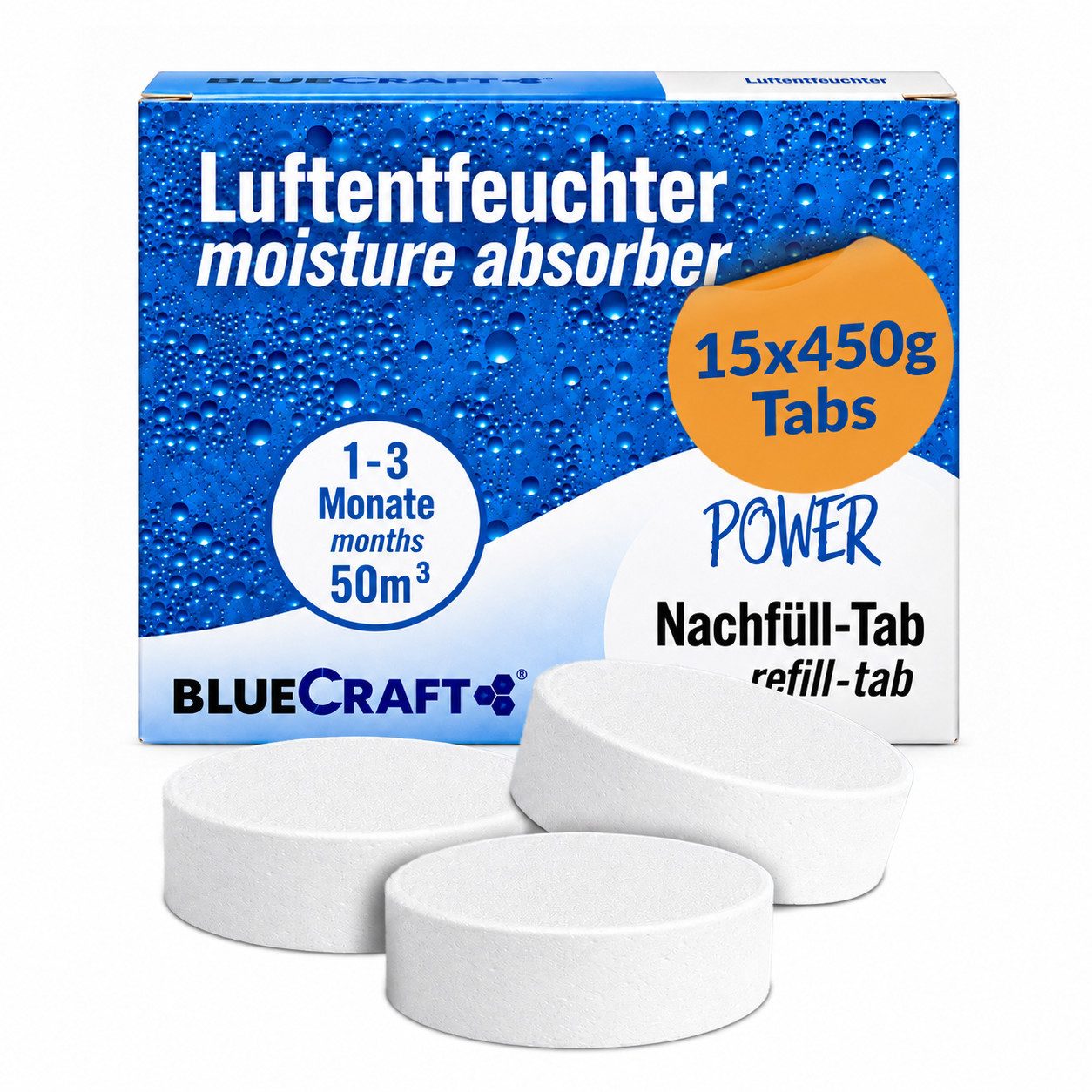 BlueCraft Luftentfeuchter Tabs Nachfüllpack 15x 450g Granulat ohne Strom gegen Schimmel, für Raumentfeuchter ab 400g ohne Duft Nachfüllpackung
