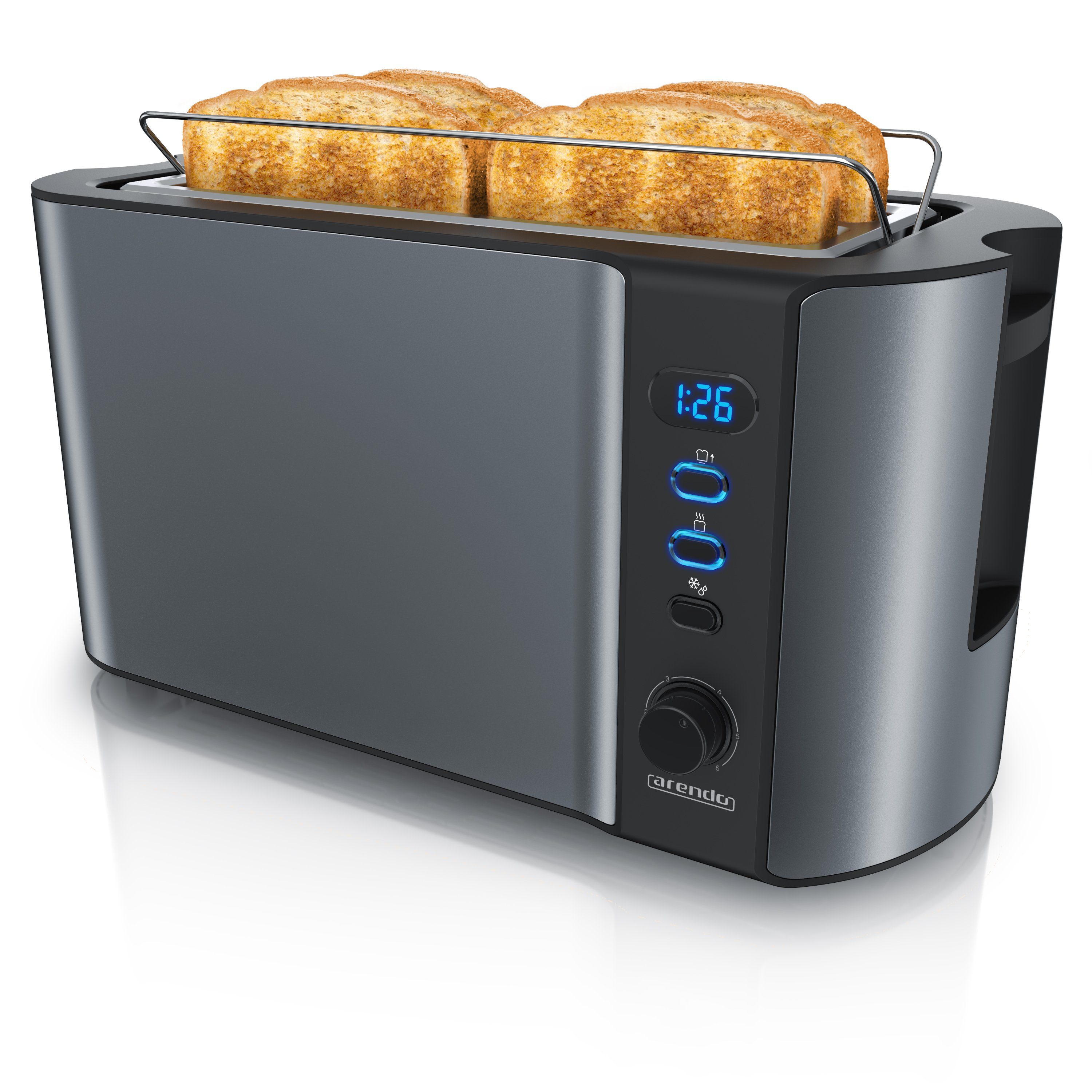 Arendo Toaster Edelstahl, Langschlitz, Display mit Restzeitanzeige, Krümelschublade, 2 lange Schlitze, für 4 Scheiben, 1500 W, Defrost Funktion, Wärmeisolierendes Gehäuse, mit Brötchenaufsatz