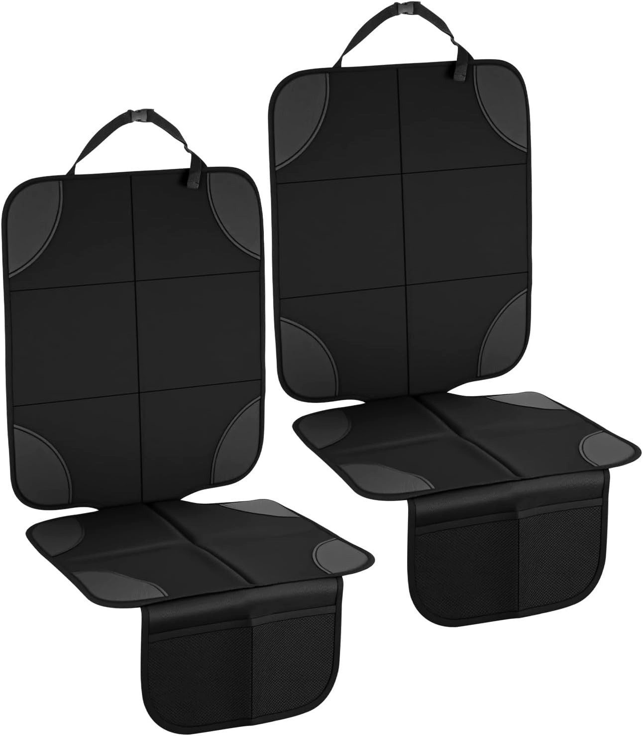 Zengi Kindersitzunterlage Autositz-Sitzschoner 600D Oxford universell Schwarz mit Netztaschen, Set, 2-tlg., mit Kopfstützengurt und rutschfester Einsteckzunge, wasserdicht, rutschfest und extra gepolstert