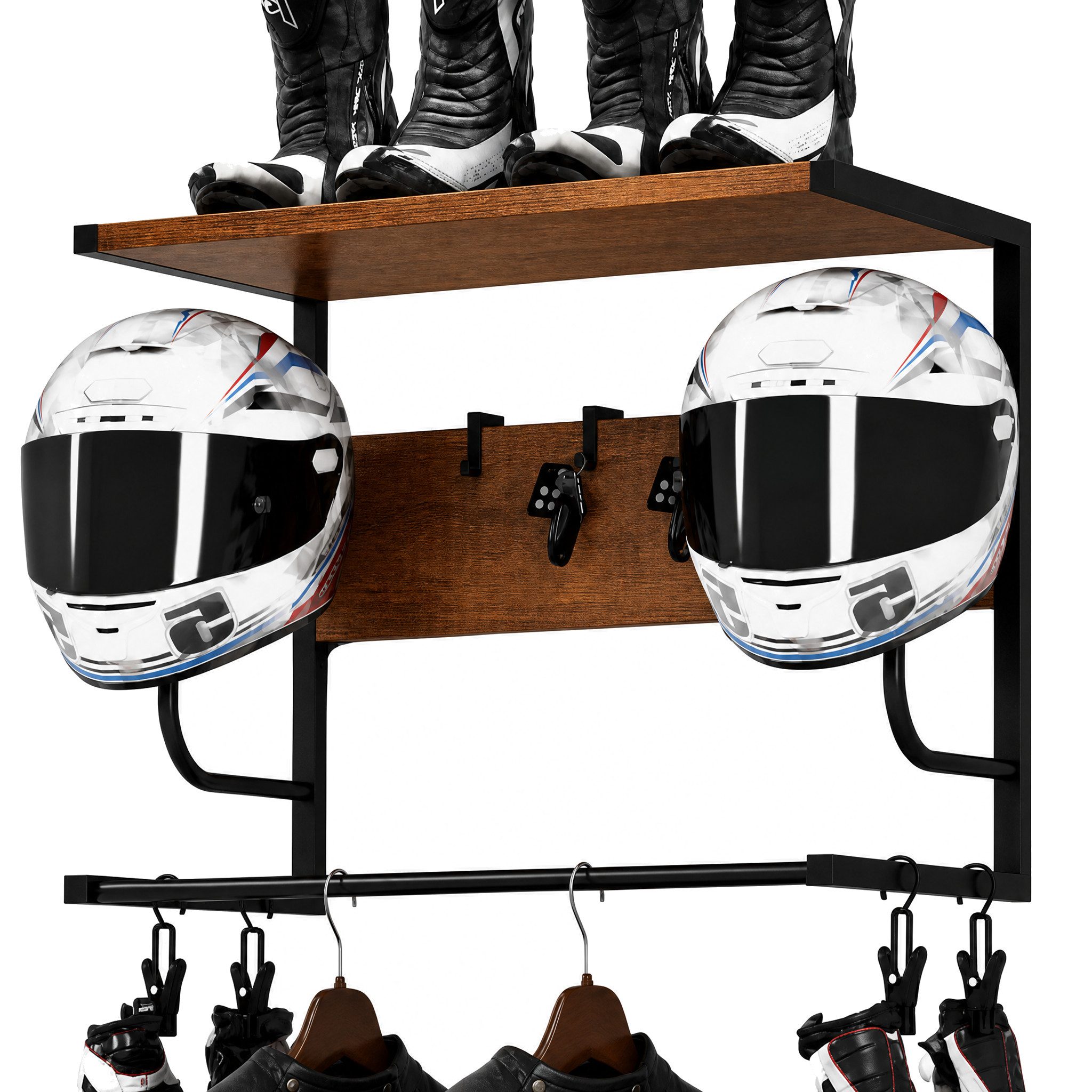 GARRYFIZH Wandhalterung Motorrad Helmhalter Wandhalterung aus Holz und Metall mit Haken, (Helmaufbewahrung für Garage und Flur – platzsparend und stabil)