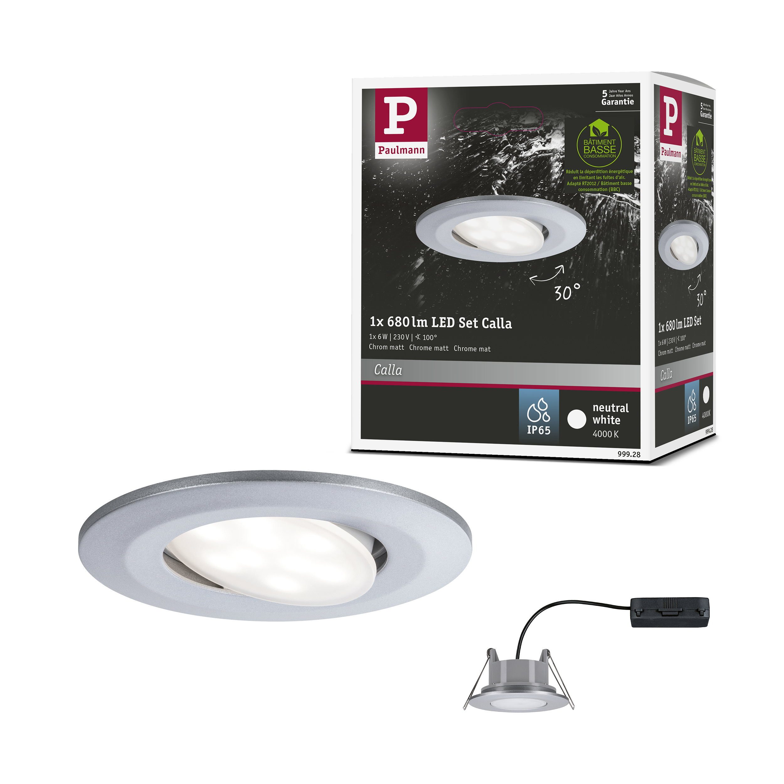 Paulmann LED Wandleuchte LED Einbauleuchte Calla schwenkbar IP65 rund 90 mm 30° 6W 530lm 230V 4