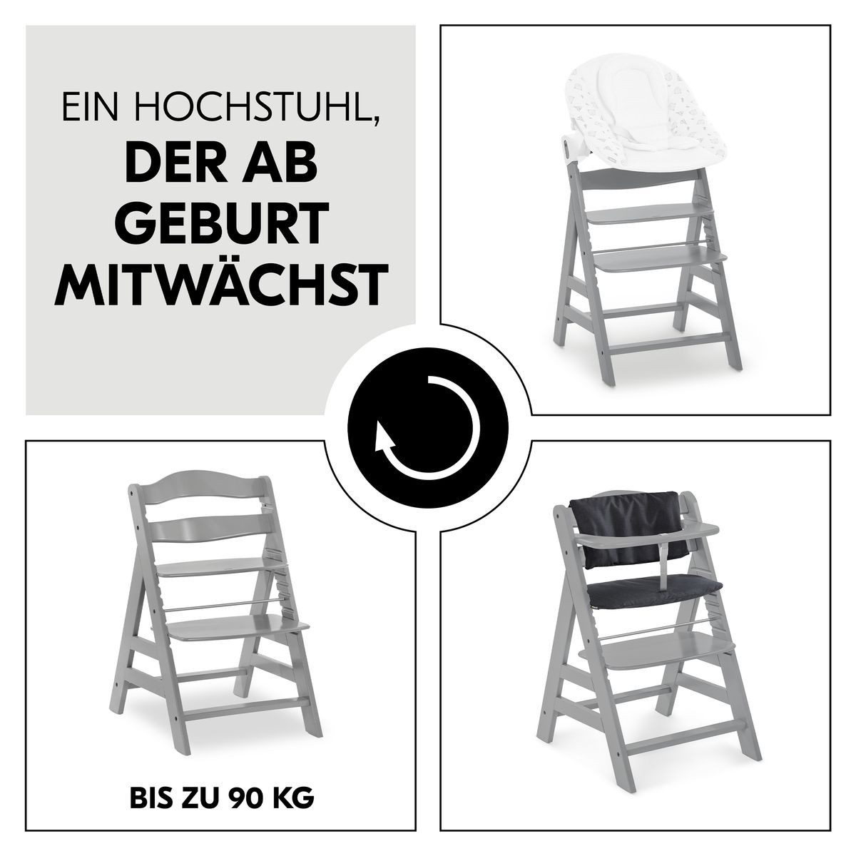 Hauck Hochstuhl Alpha Plus Grau, Holz Kinderhochstuhl Babystuhl mit Essbrett, Sitzkissen - verstellbar