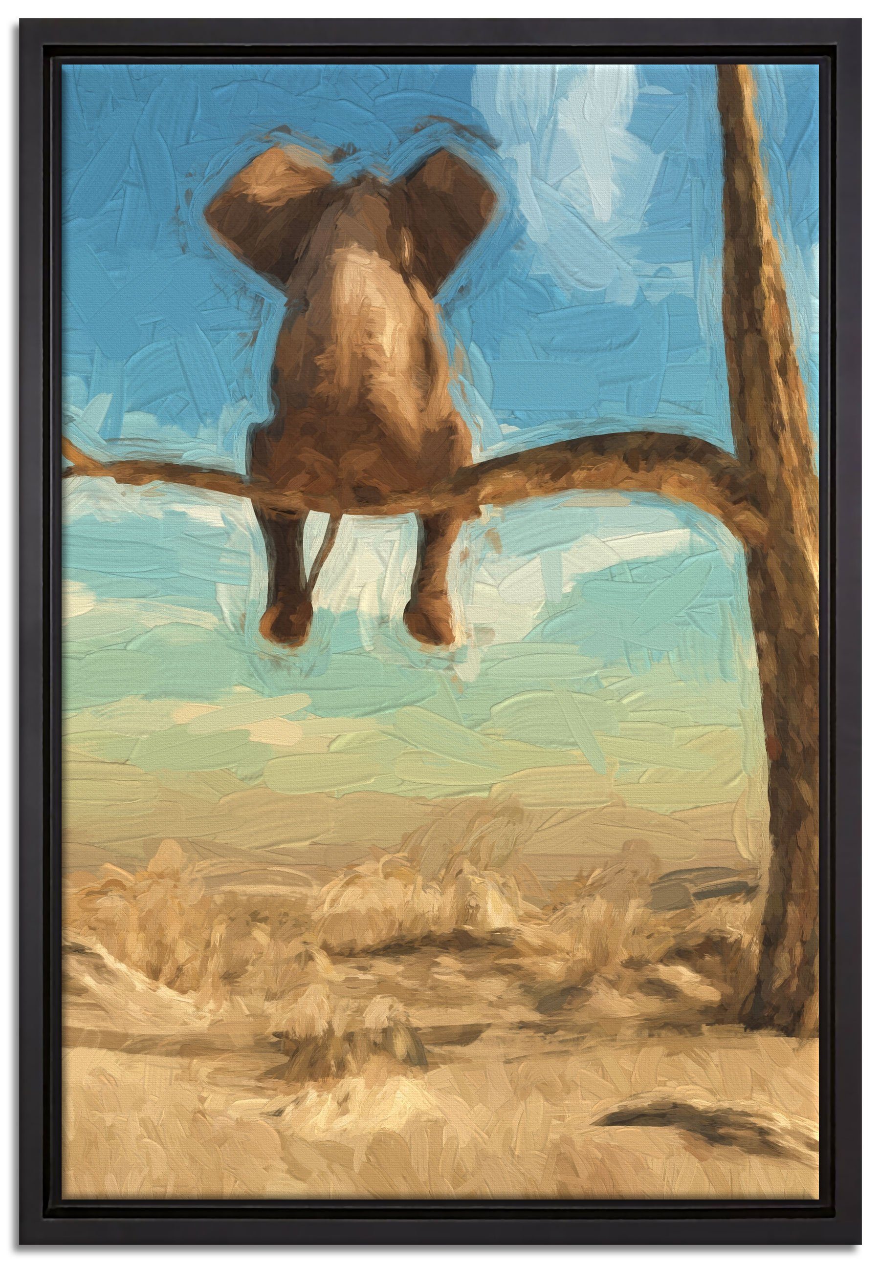 Pixxprint Leinwandbild Elefant auf einem Ast in der Wüste, Wanddekoration (1 St), Leinwandbild fertig bespannt, in einem Schattenfugen-Bilderrahmen gefasst, inkl. Zackenaufhänger