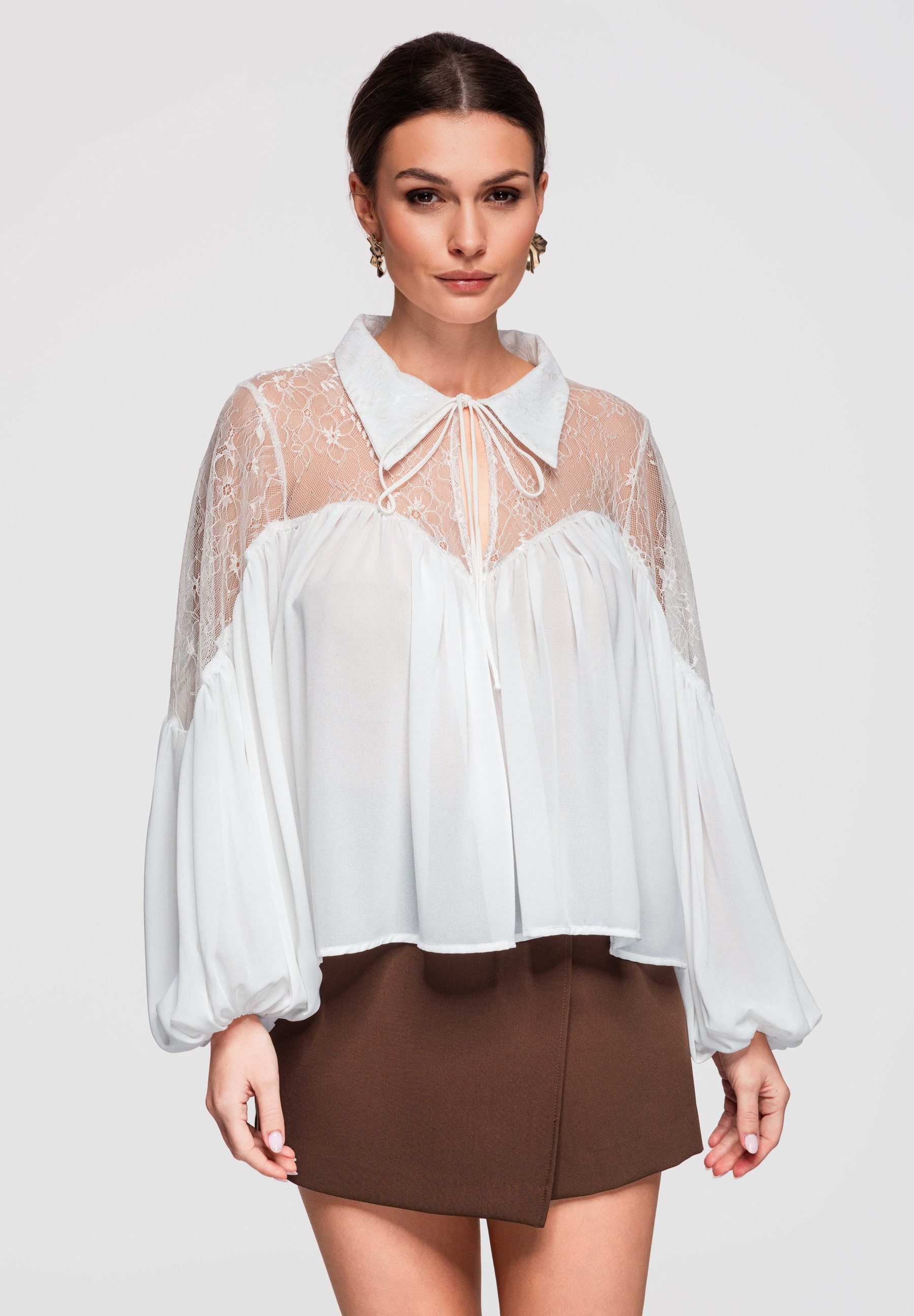 OMBRE Spitzenbluse Damenbluse mit Spitzenoberteil und locker fallender Silhouette