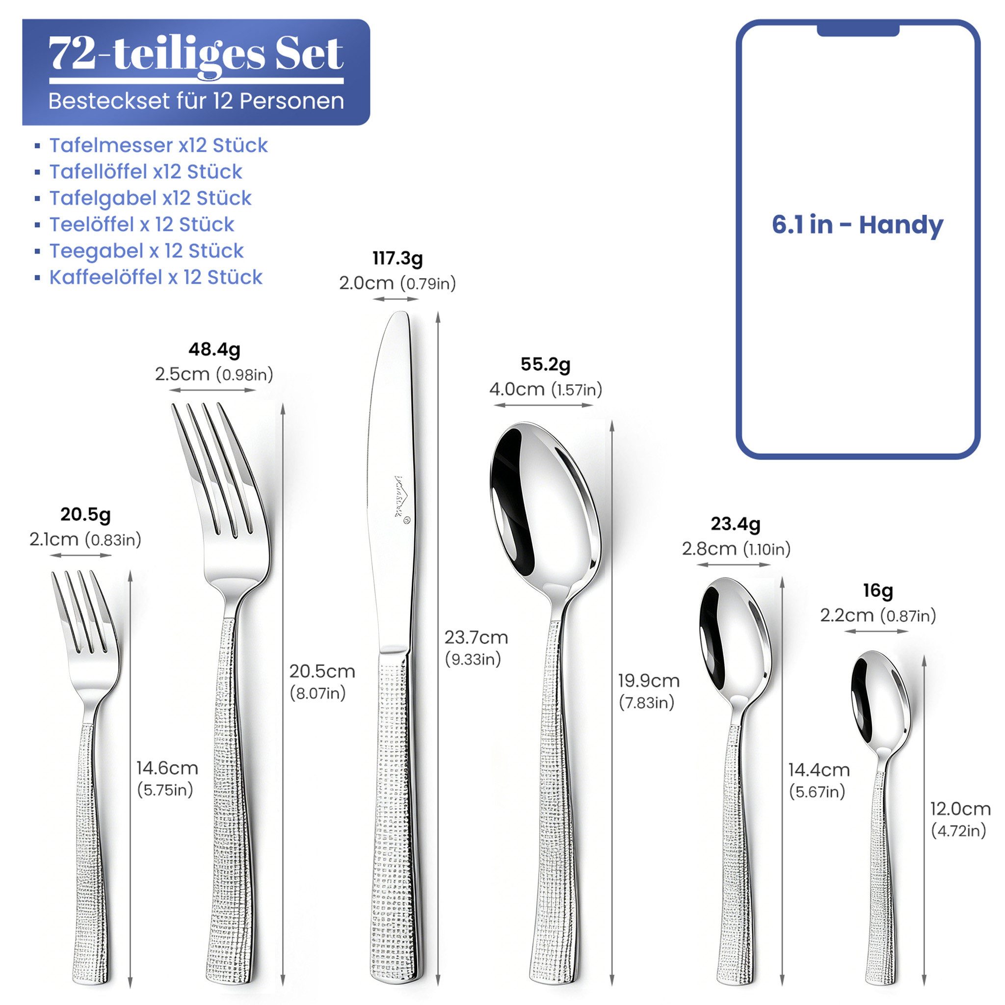 HOMELUX Besteck-Set Besteck set elegante Optik, ergonomische Haptik, Wellenschliff-Messer (72-tlg), 12 Personen, Edelstahl, Spiegelpoliert,spülmaschinengeeignet – Bild 5 von 5