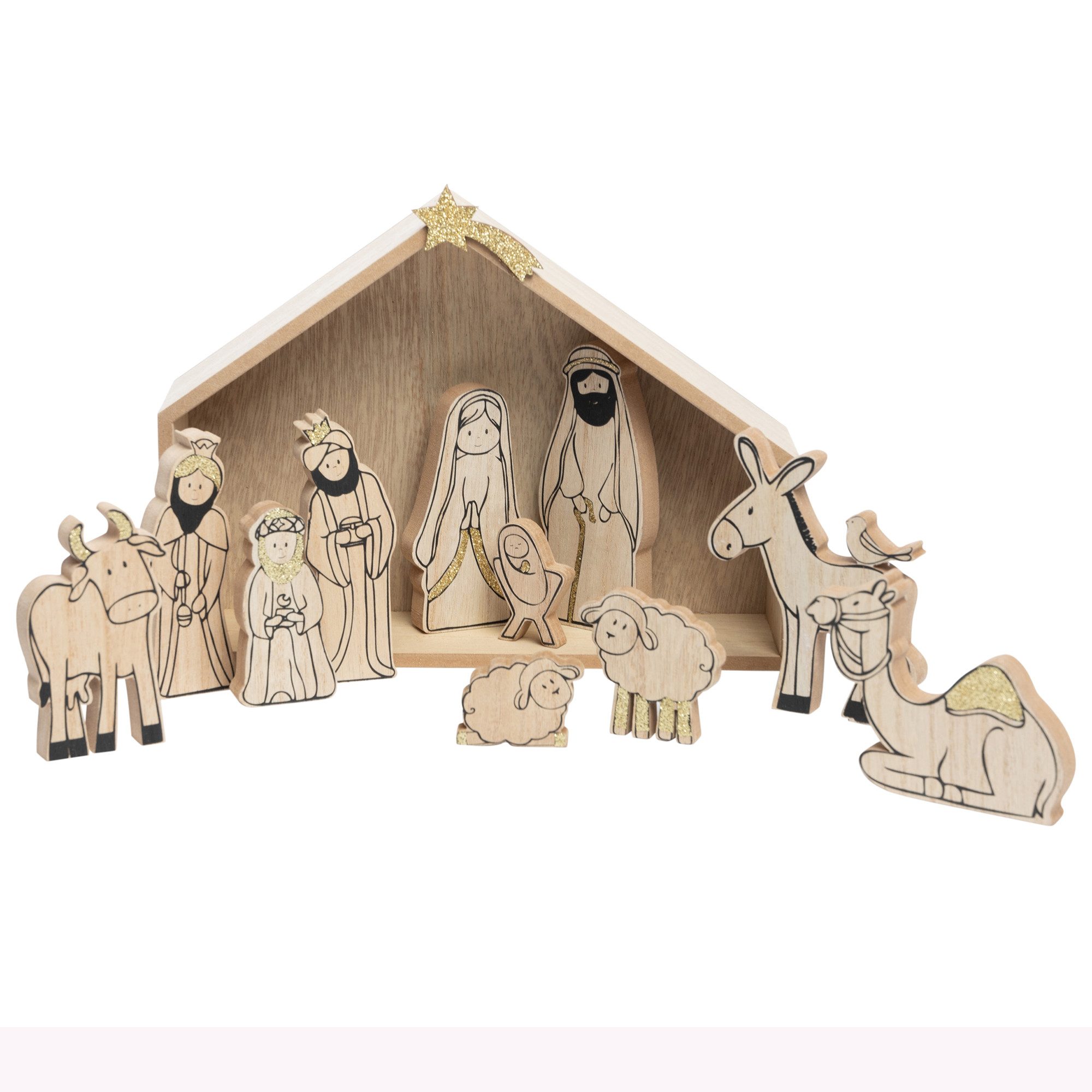 Krippe 13-tlg. Set Weihnachtskrippe aus Holz mit Figuren Krippe zum Bemalen