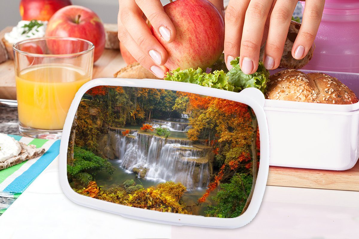 und Lunchbox Brotbox für Wasserfall weiß Kunststoff, (2-tlg), für - Herbst, Erwachsene, Mädchen - Jungs MuchoWow Brotdose, und Bäume Kinder