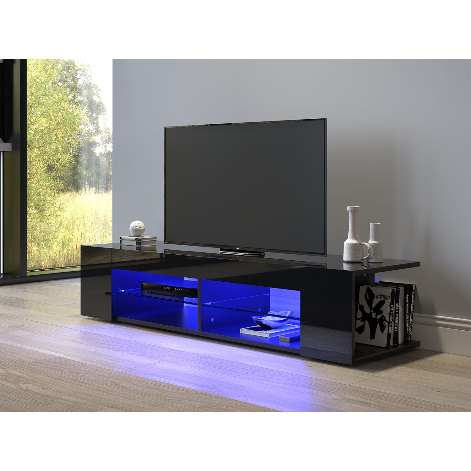 SONNI Lowboard Breite:135cm TV Unterschrank Schwarz Hochglanz mit LED Beleu günstig online kaufen
