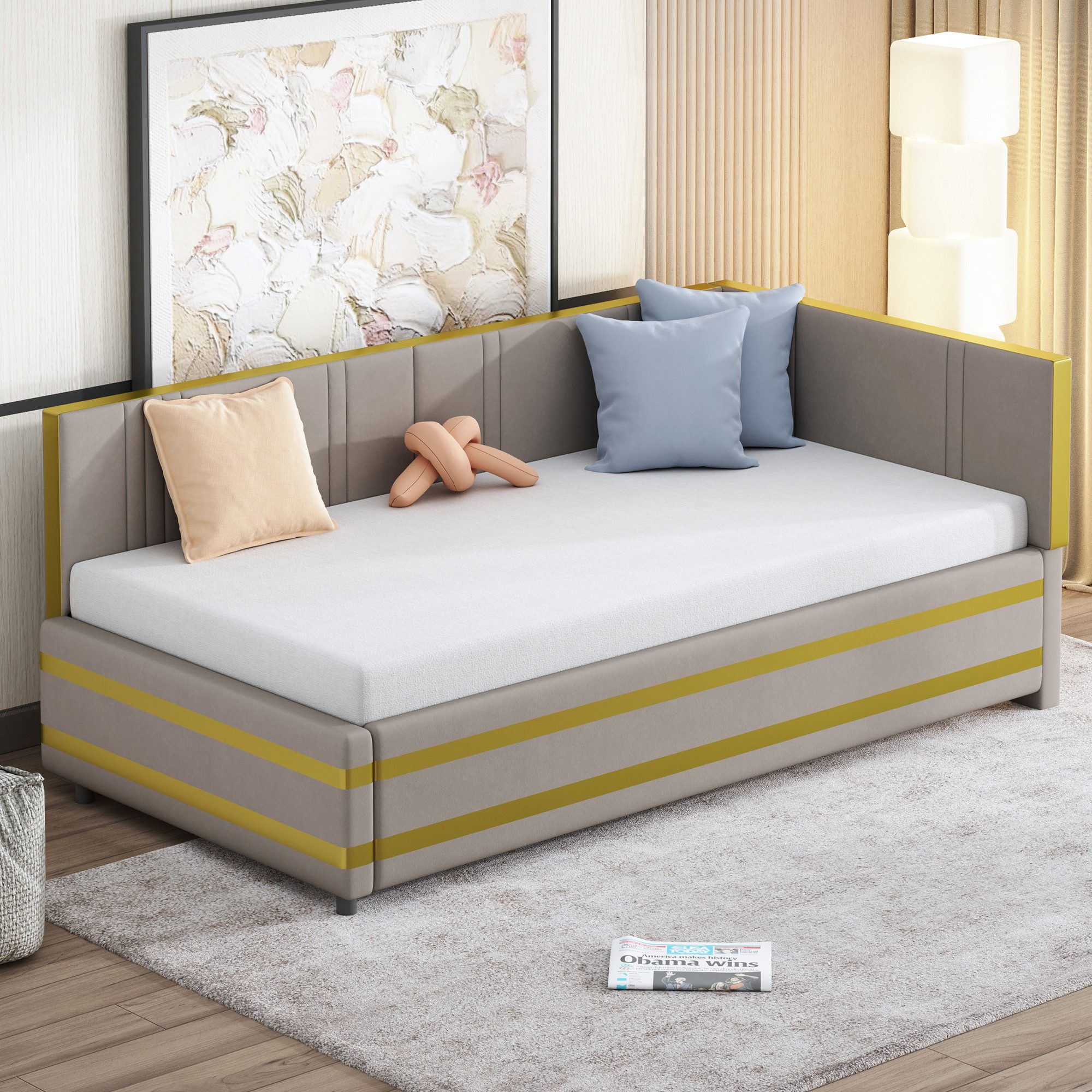 Flieks Daybett, Polsterbett Sofabett Kinderbett 90x200cm mit goldenes Strei günstig online kaufen