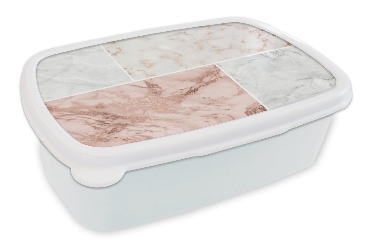 MuchoWow Lunchbox Marmor - Rose - Luxus, Kunststoff, (2-tlg), Brotbox für Kinder und Erwachsene, Brotdose, für Jungs und Mädchen weiß