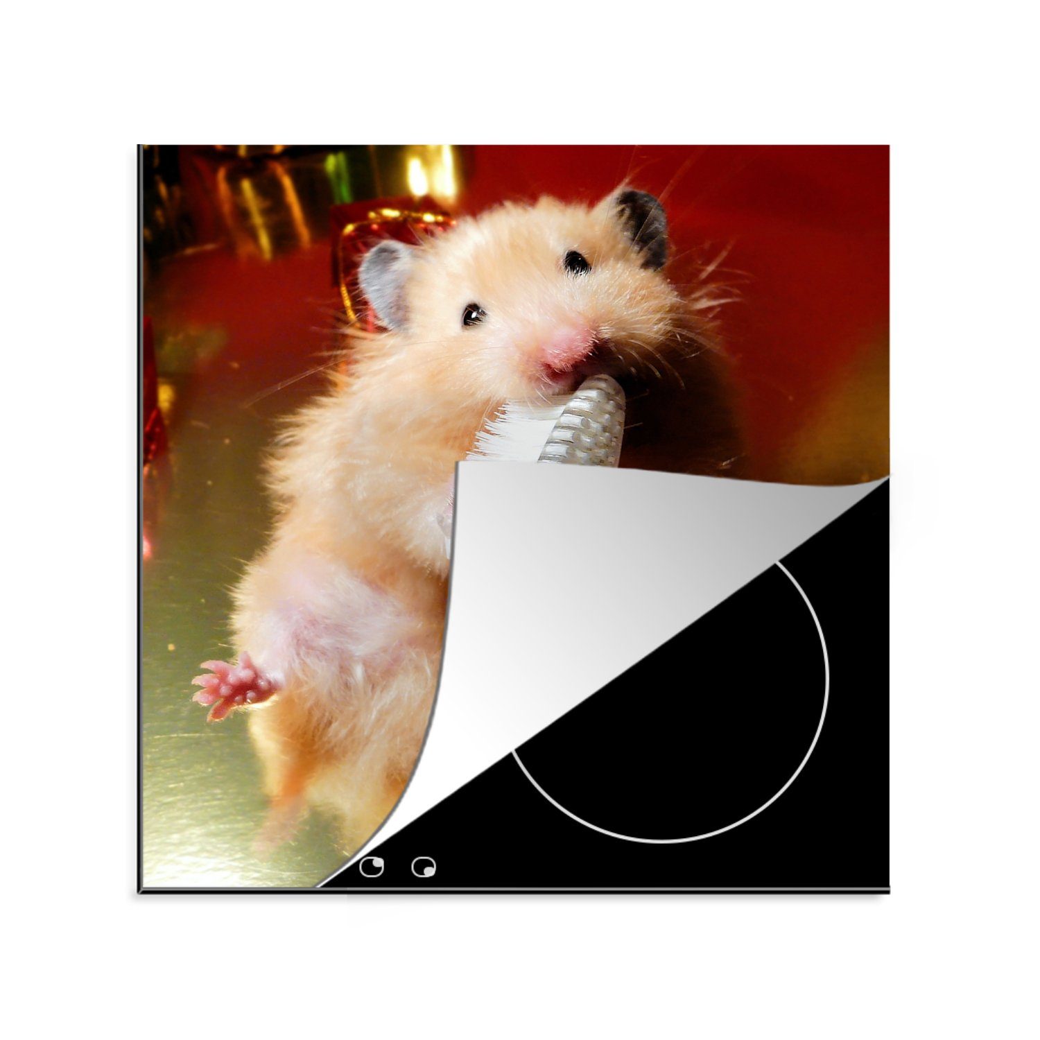 MuchoWow Herdblende-/Abdeckplatte Hamster beim Zähneputzen, Vinyl, (1 tlg), 78x78 cm, Ceranfeldabdeckung, Arbeitsplatte für küche