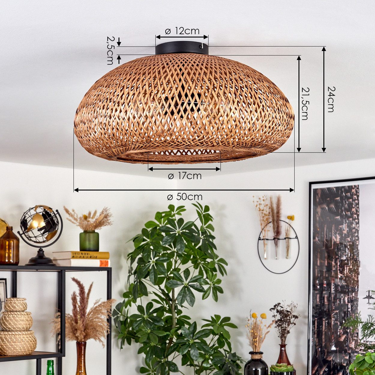 hofstein Deckenleuchte moderne Deckenlampe aus Metall/Bambus/Holz in Schwarz/Natur, ohne Leuchtmittel, Boho-Design Deckenleuchte,Lichteffekt, Ø50cm, 2xE27, ohne – Bild 4 von 5