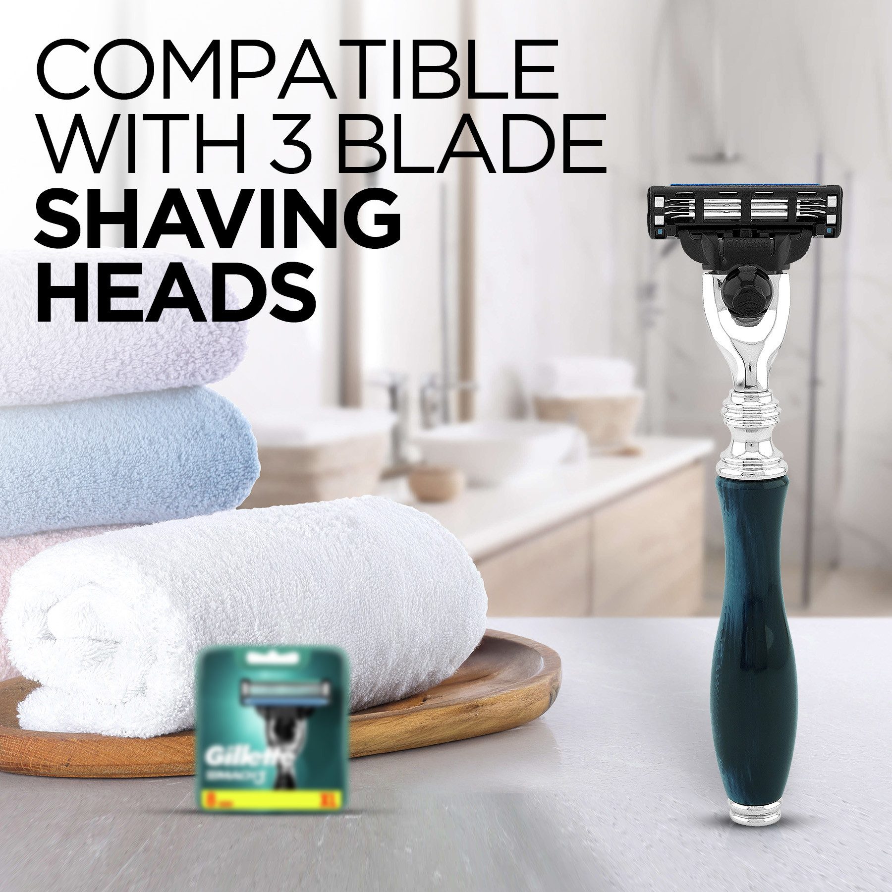 Haryali London Nassrasierer Premium 3-Klingen Herrenrasierer, Ergonomischer Herrenrasierer, Blau, Packung, Verstellbarer Rasierer mit hochwertiger Messing Harzbeschichtung, Abwaschbarer,rutschfester Griff.Passend für alle Mach 3 Rasierklingen.