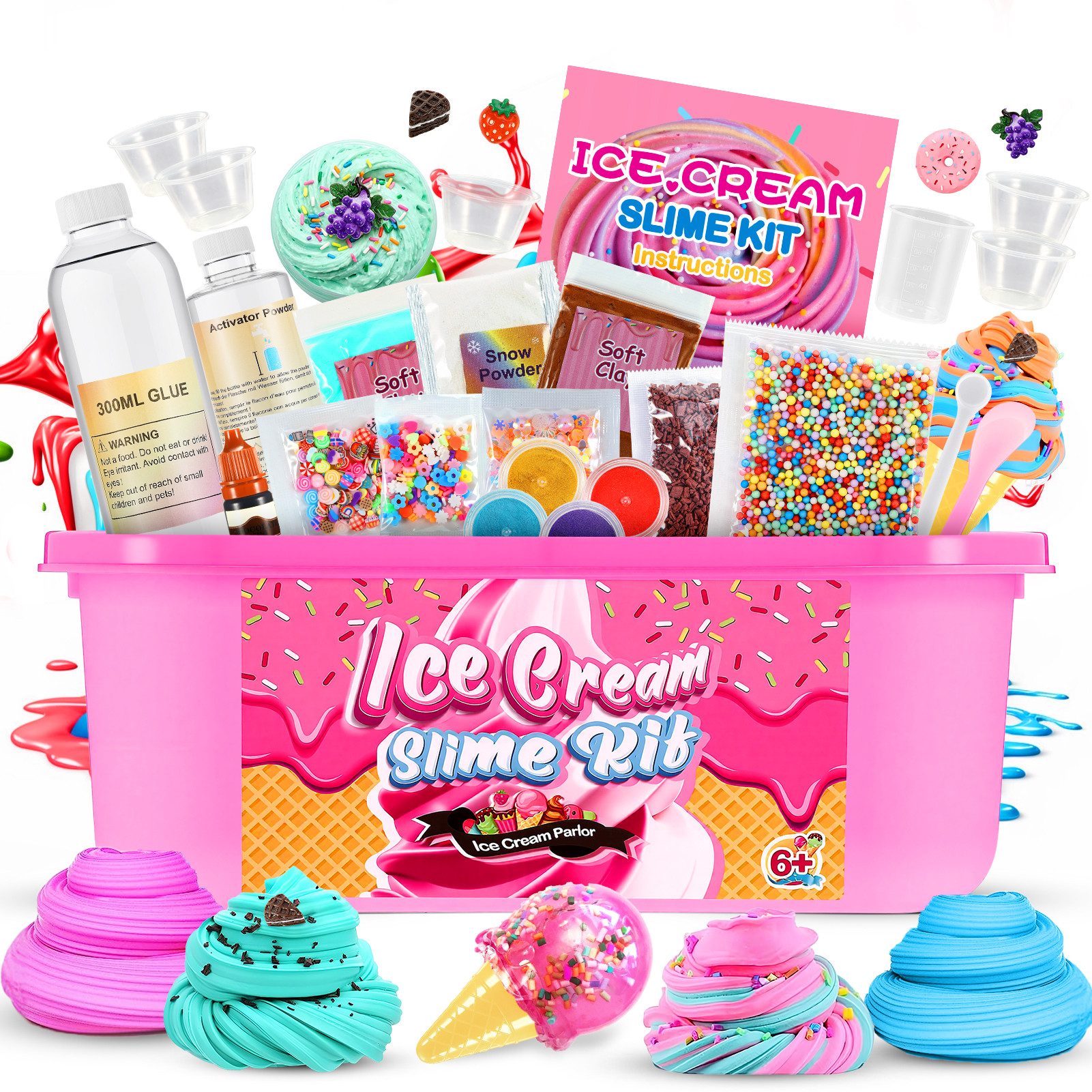 Wootoy Kreativset Knete DIY Eiscreme Schleim Set Kinder Kreativ Bastelset mit Zubehör, (inklusive Kleber Aktivator Soft Clay Farben und Mischwerkzeugen, 1-tlg., mit praktischem Aufbewahrungsbehälter), ideal als Geschenk für kreative Kinder