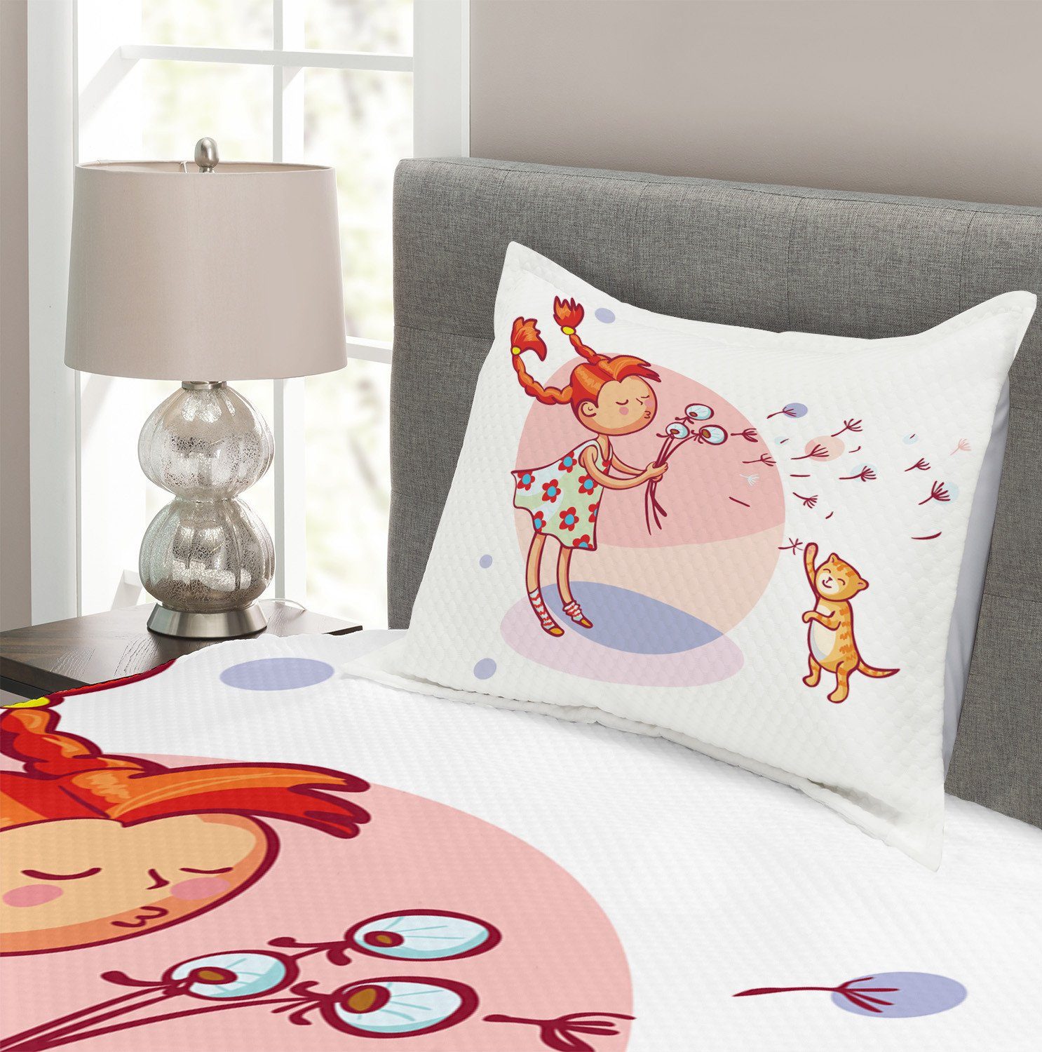 Tagesdecke Set mit Mädchen Kissenbezügen Cartoon Katze Löwenzahn und Waschbar, Abakuhaus