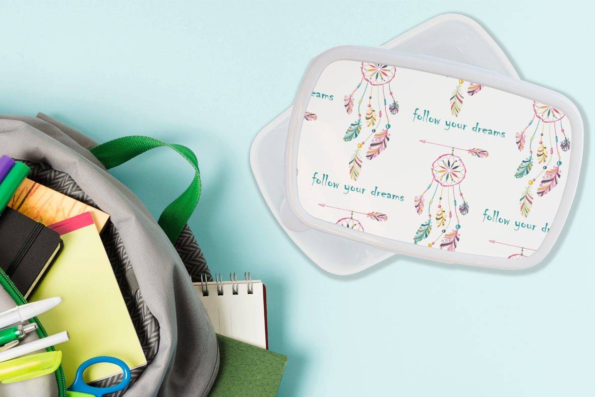Federn - Traumfänger weiß MuchoWow Brotbox Träume Jungs (2-tlg), Erwachsene, Lunchbox und für Regenbogen, - und Mädchen für Kinder - Brotdose, Kunststoff,