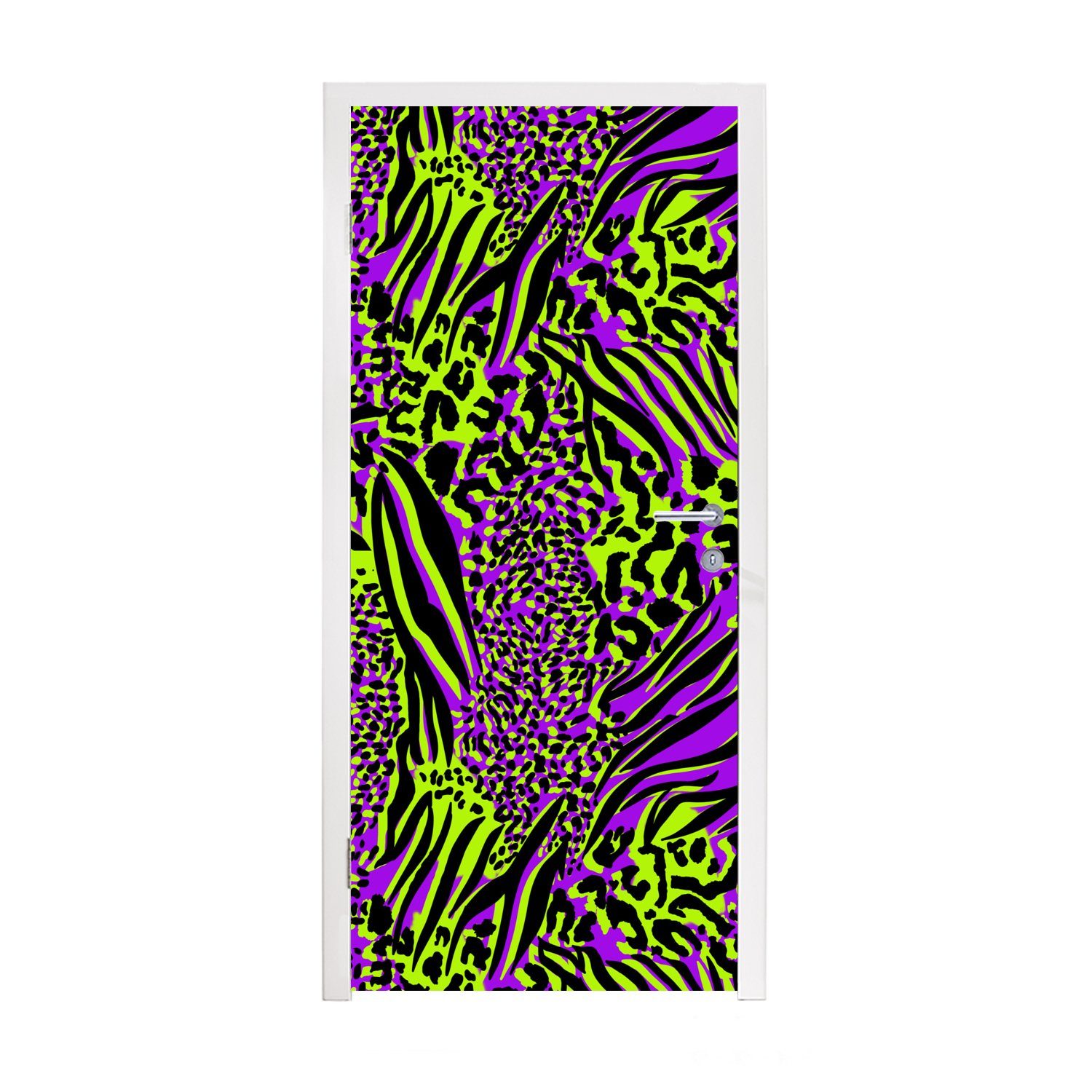 Neon (1 Matt, Tiermuster St), bedruckt, MuchoWow Fototapete - Lila, Tür, - cm Türtapete Türaufkleber, - 75x205 Zebra für