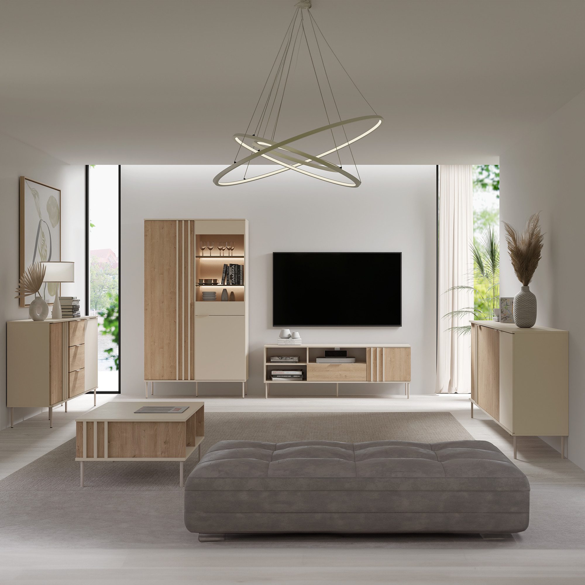 Lomadox Wohnzimmer-Set RENNES-166, (Mega-Spar-Set, 5-St., Vitrinenschrank Sideboards Couchtisch Lowboard), Eiche mit Kaschmir, LED-Beleuchtung, fühlbare Lamellen, viel Stauraum