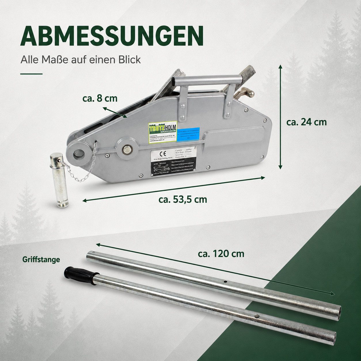 TRUTZHOLM Seilwinde Seilzug 1600kg Greifzug Seilwinde Forstseilwinde Offroad Winde 1,6 t, (1-St), Überlastungsschutz,Gummierter Handgriff – Bild 3 von 5
